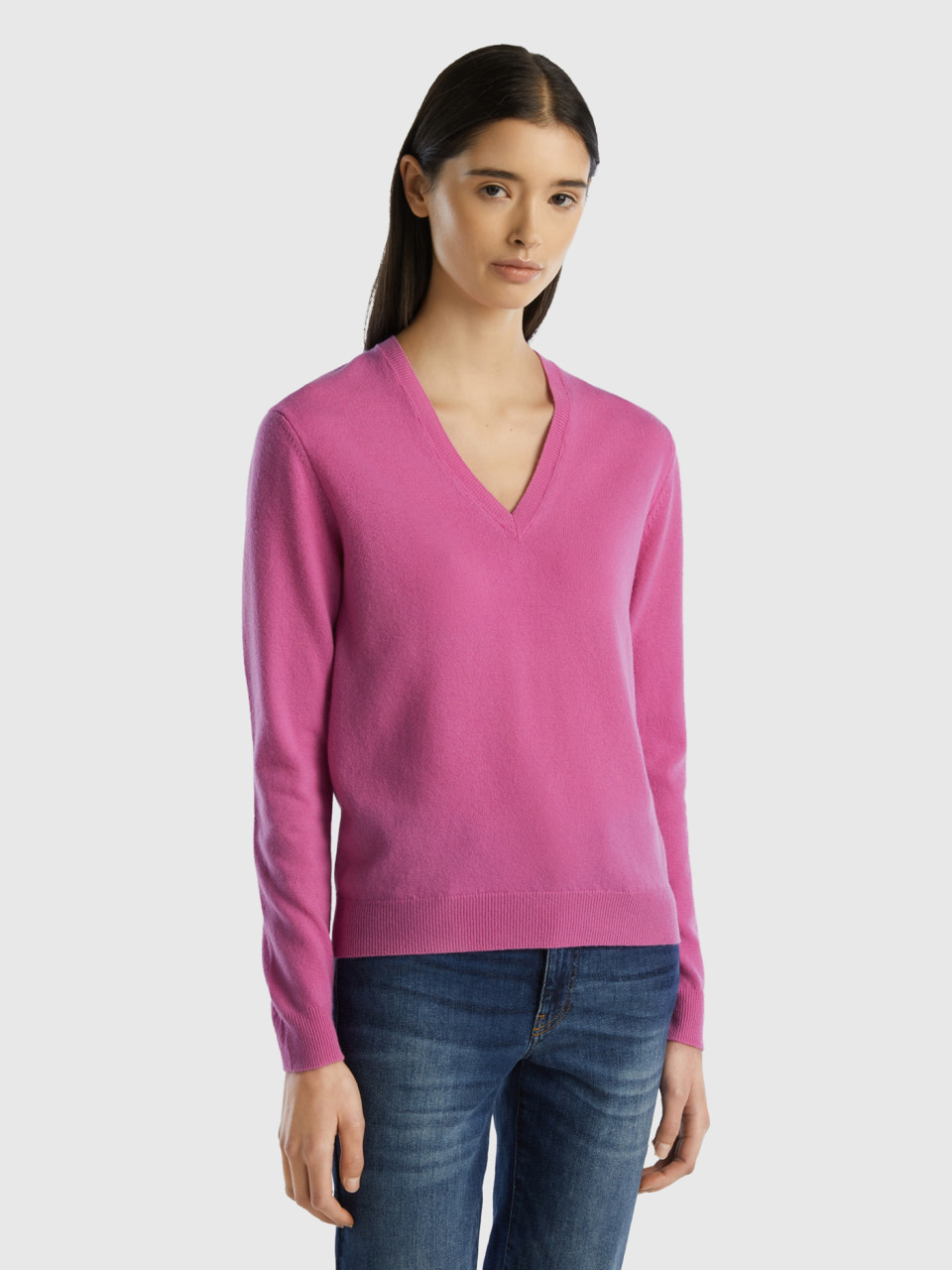 Benetton, Dark Pink V-neck Sweater In Pure Merino Wool, Pink, Women