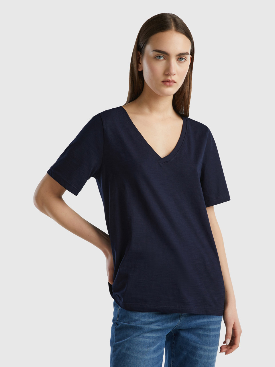 Benetton, V-neck T-shirt In Slub Cotton, Dark Blue, Women