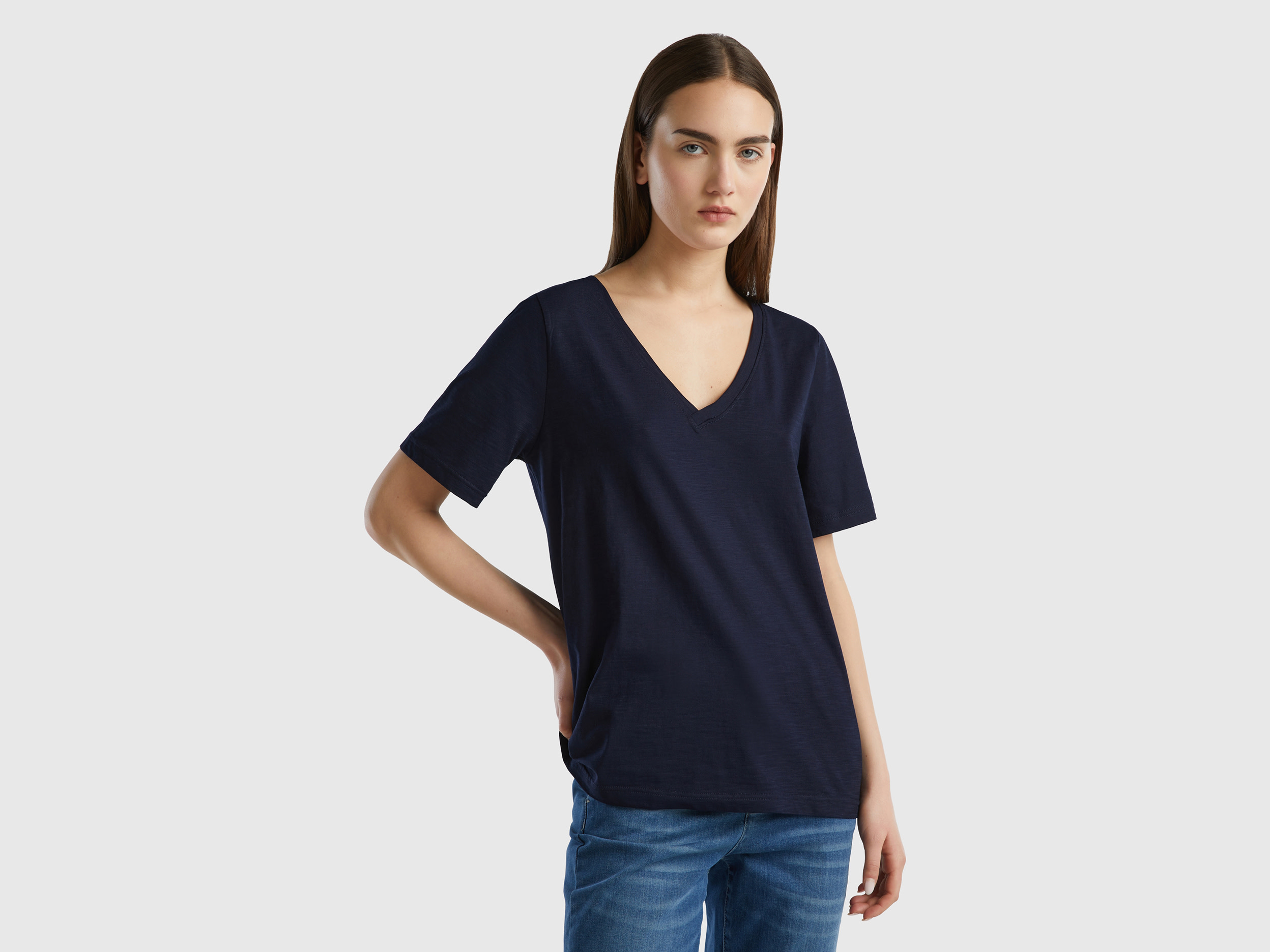 Benetton, V-neck T-shirt In Slub Cotton, size L, Dark Blue, Women