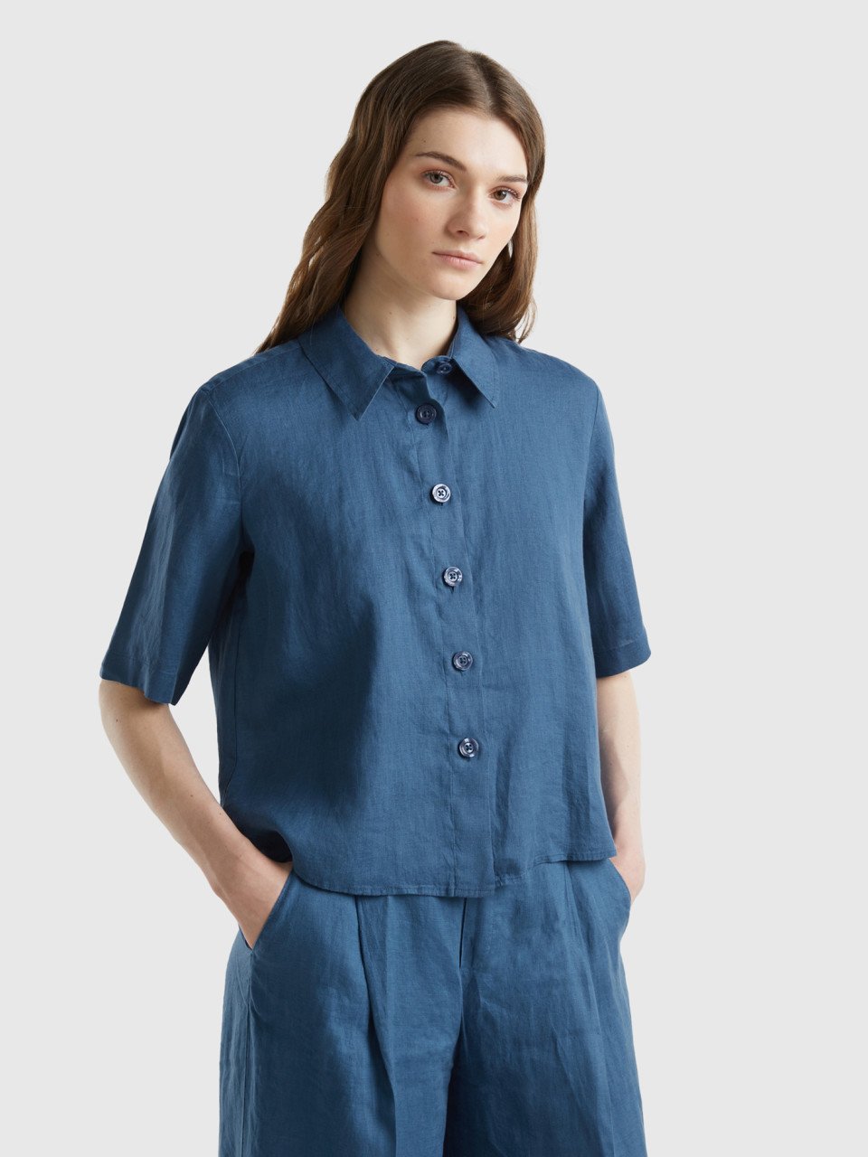 Benetton, Short Shirt In Pure Linen, Blue, Women