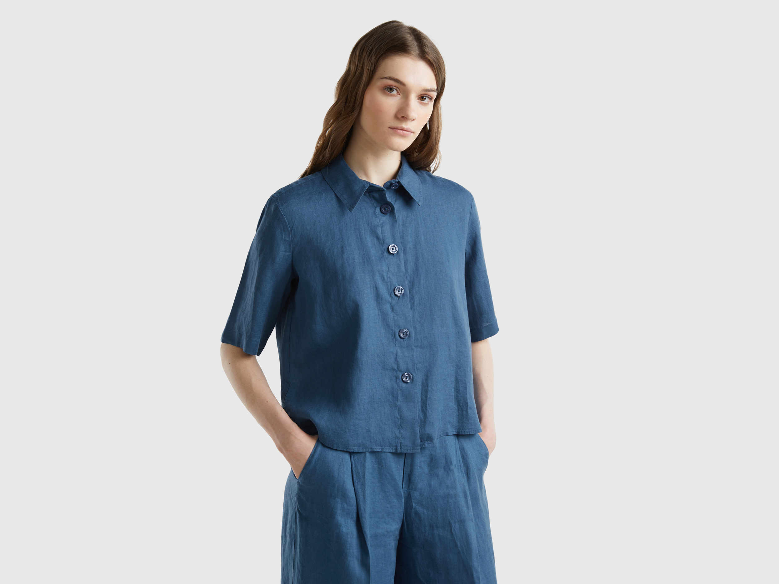 Benetton, Camicia Corta In Puro Lino, Blu, Donna