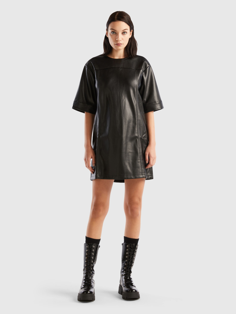 Benetton, Cropped Dress In Imitation Leather Fabric, Black, Women
