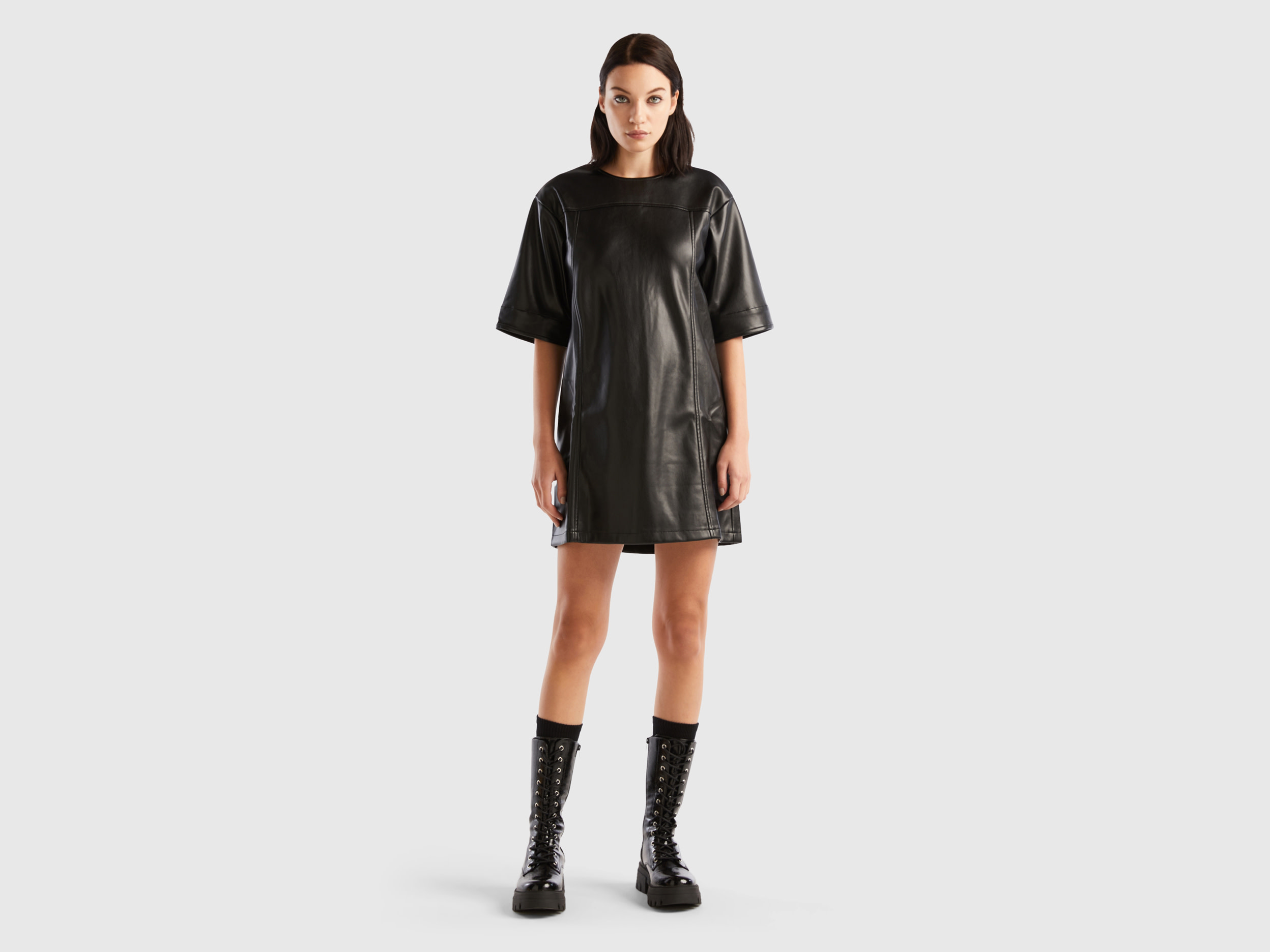 Benetton, Cropped Dress In Imitation Leather Fabric, size XS, Black, Women