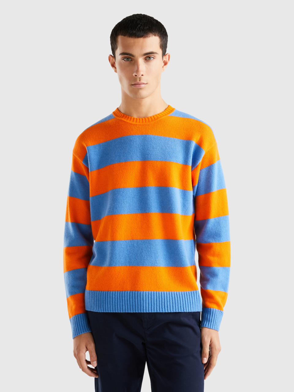 Benetton, Sweater With Two-tone Stripes, Orange, Men