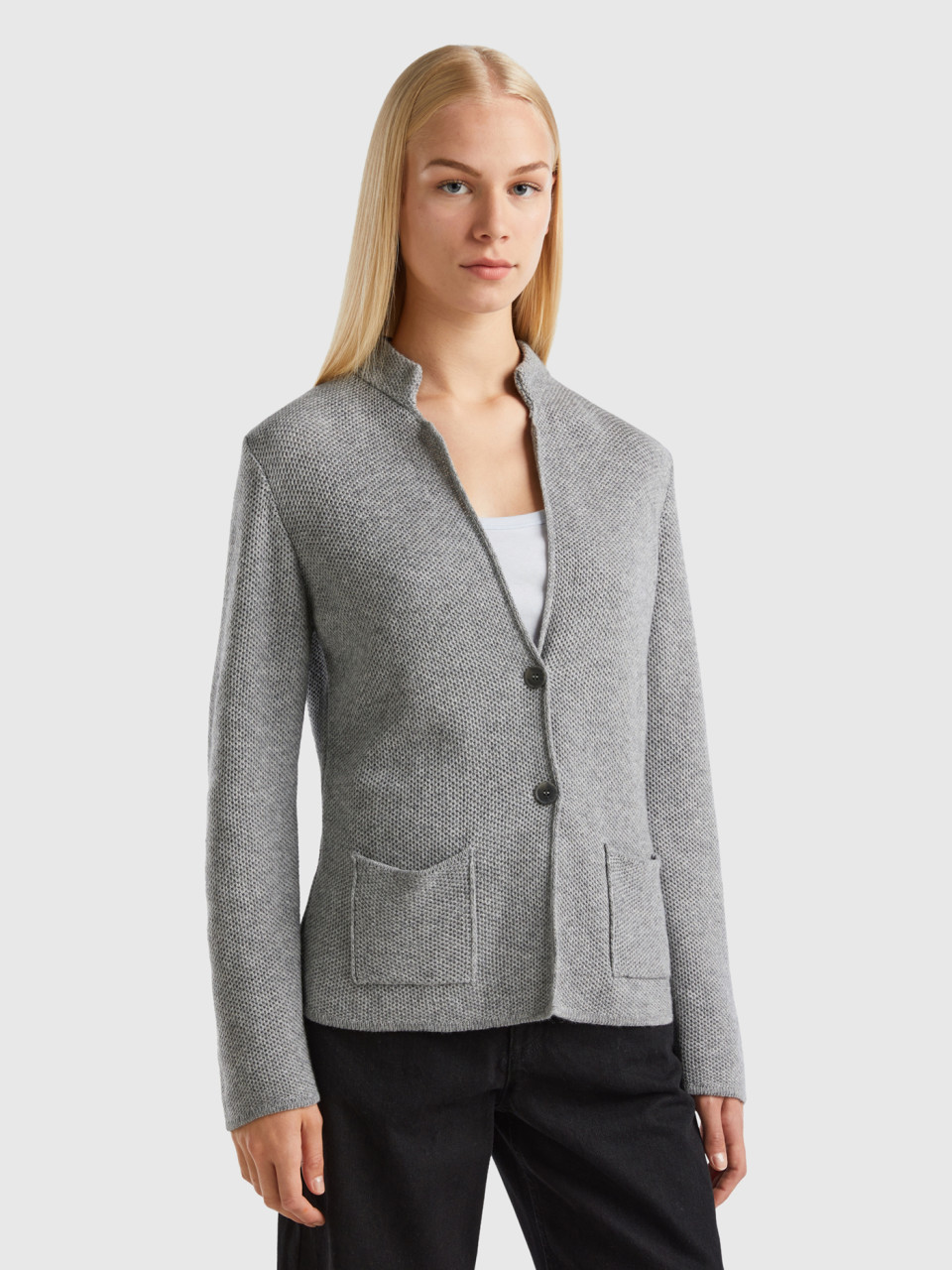 Benetton, Knit Jacket In Wool And Cashmere Blend, Gray, Women