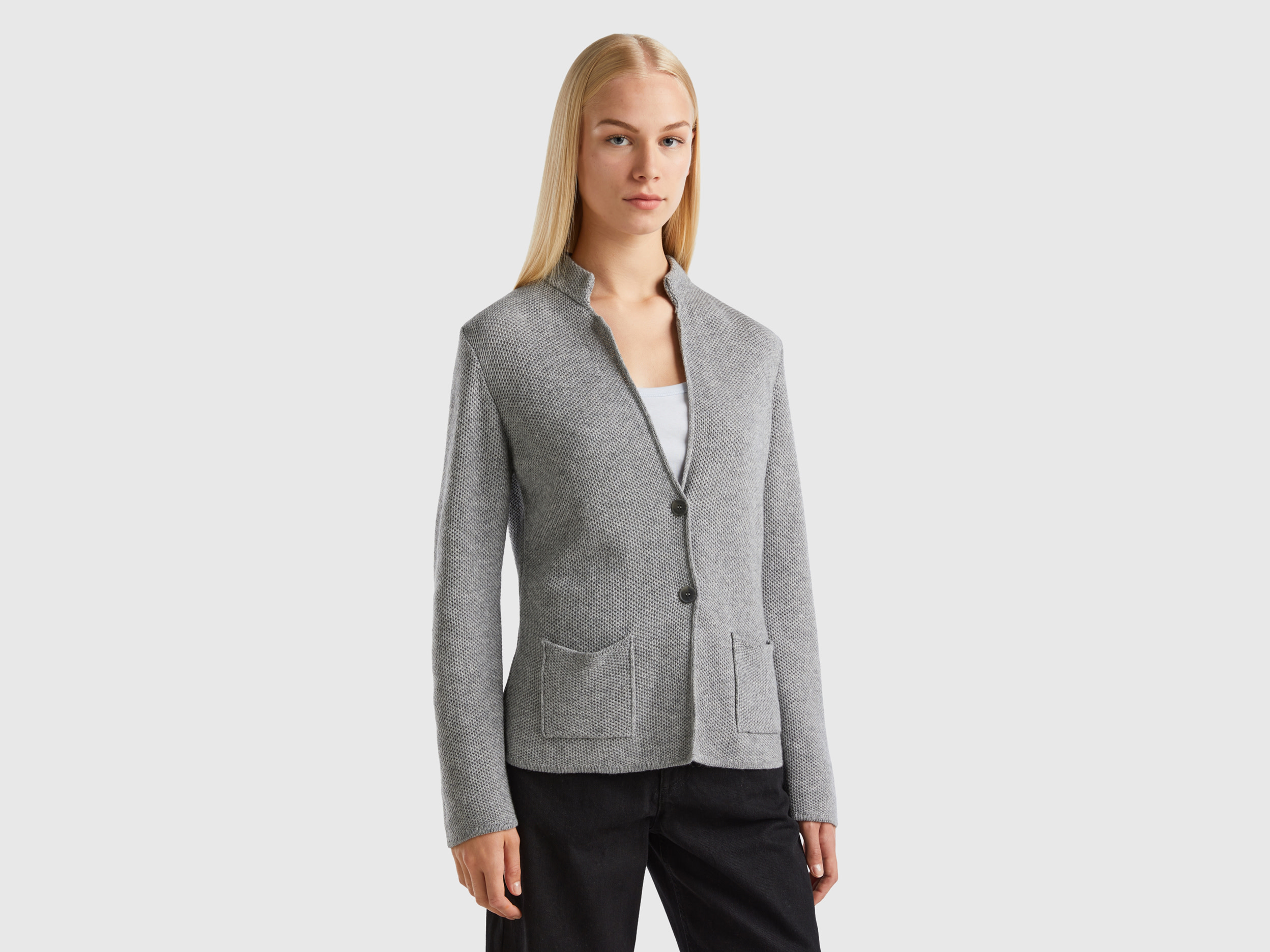 Benetton, Knit Jacket In Wool And Cashmere Blend, size XS, Gray, Women