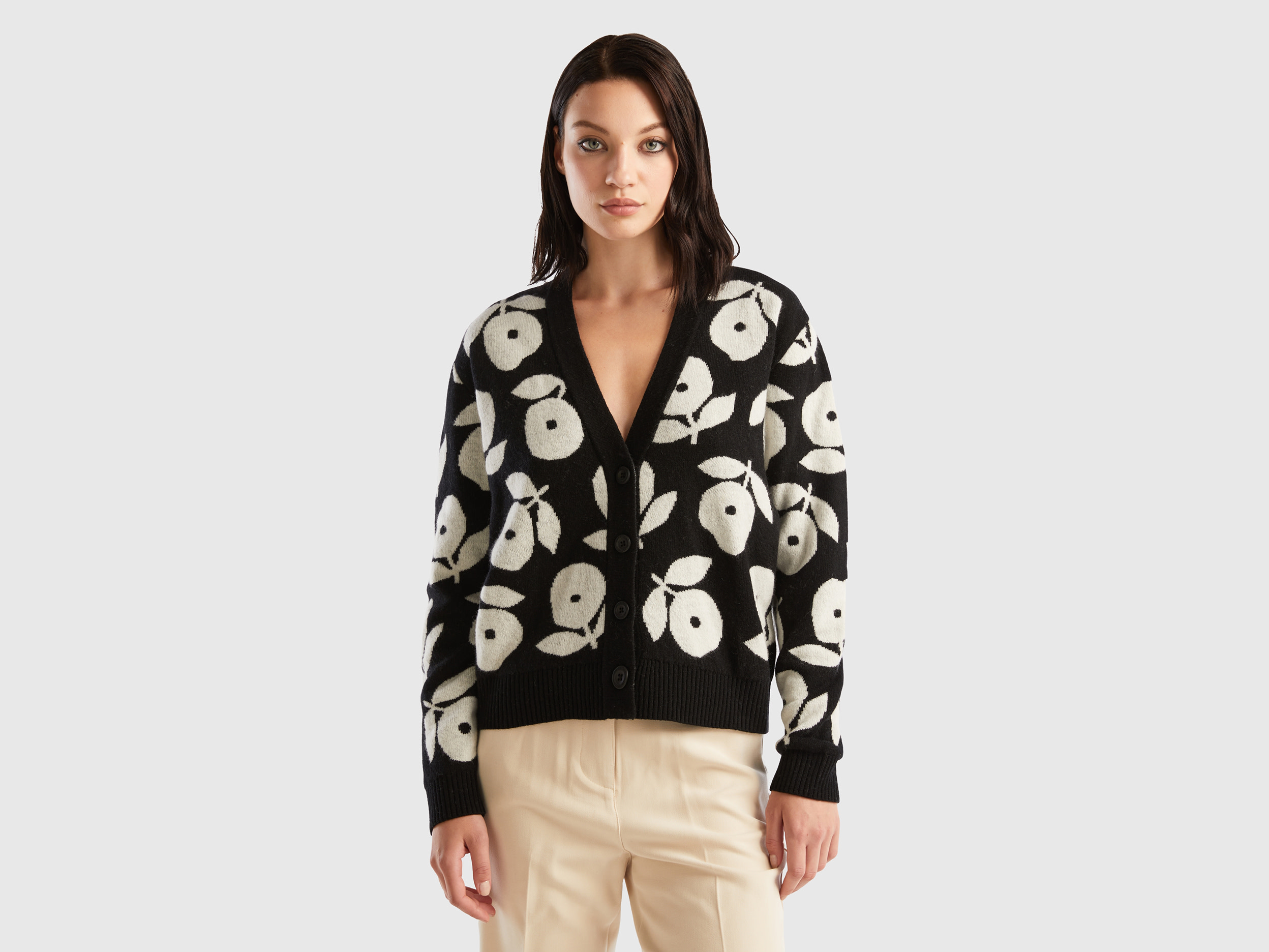 Benetton, Cardigan With Floral Inlays, size L-XL, Black, Women