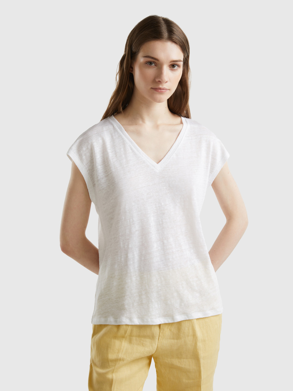 Benetton, V-neck T-shirt In Pure Linen, White, Women