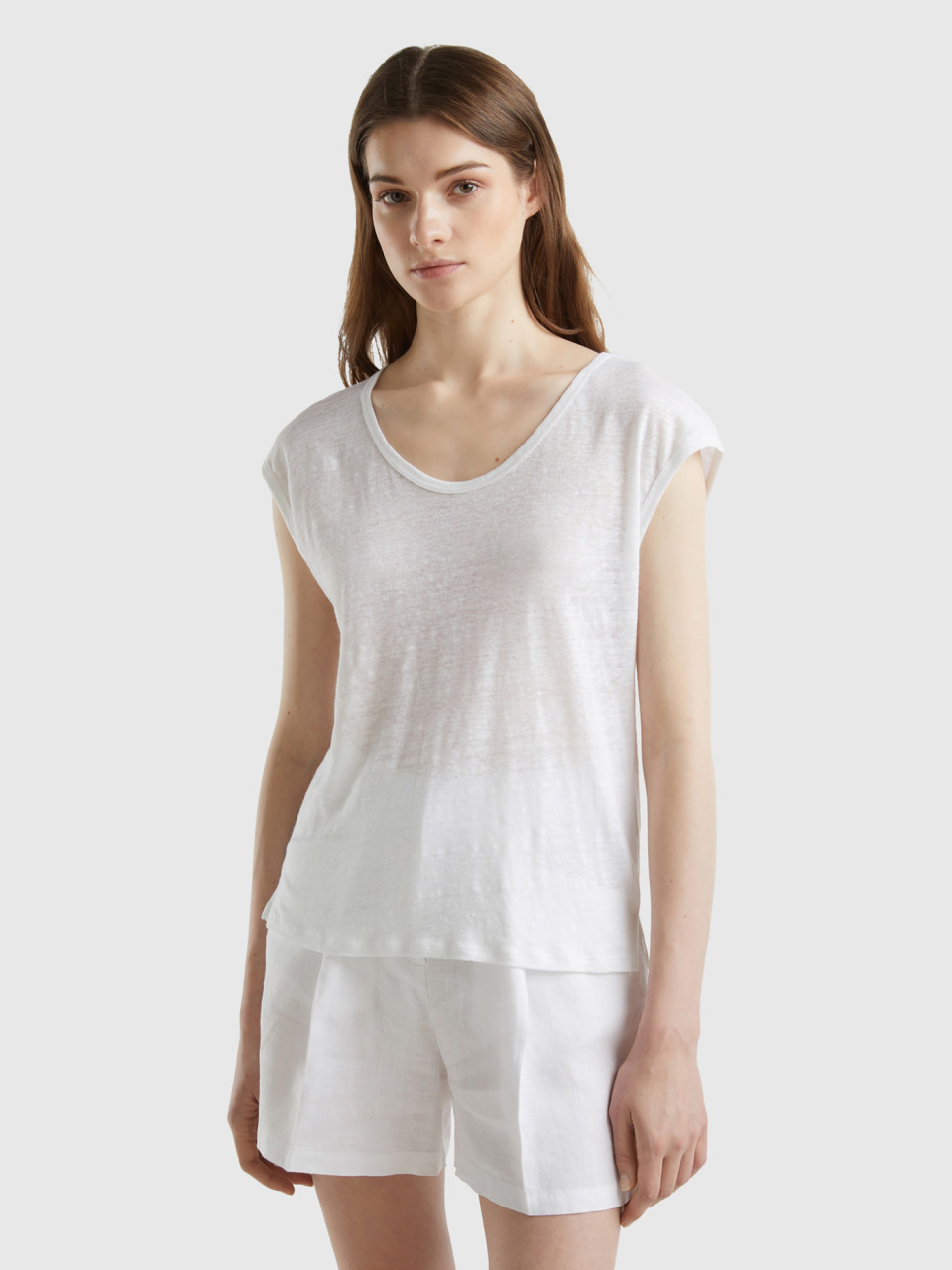 Benetton, Wide Neck T-shirt In Pure Linen, White, Women