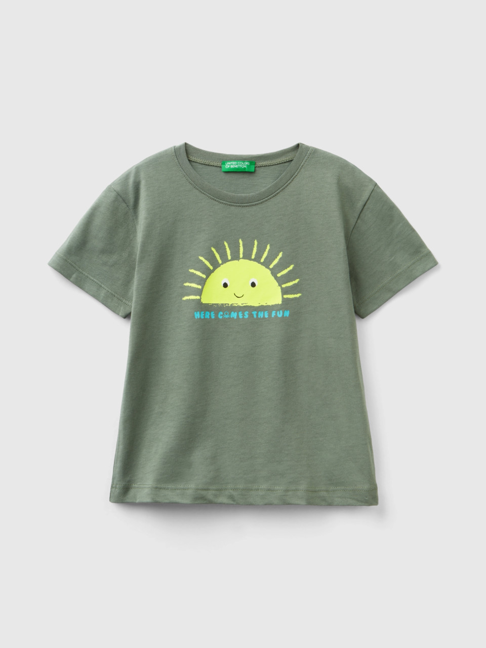 Benetton, T-shirt Con Dettagli Fluo, Verde Militare, Bambini