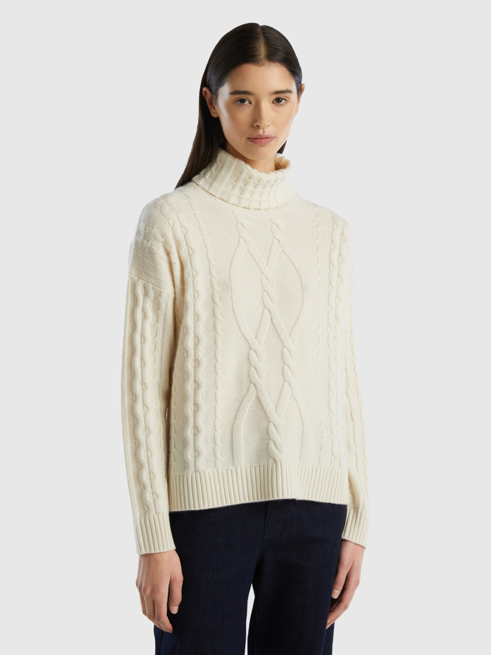 Benetton, Pure Cashmere Turtleneck With Cable Knit, Creamy White, Women