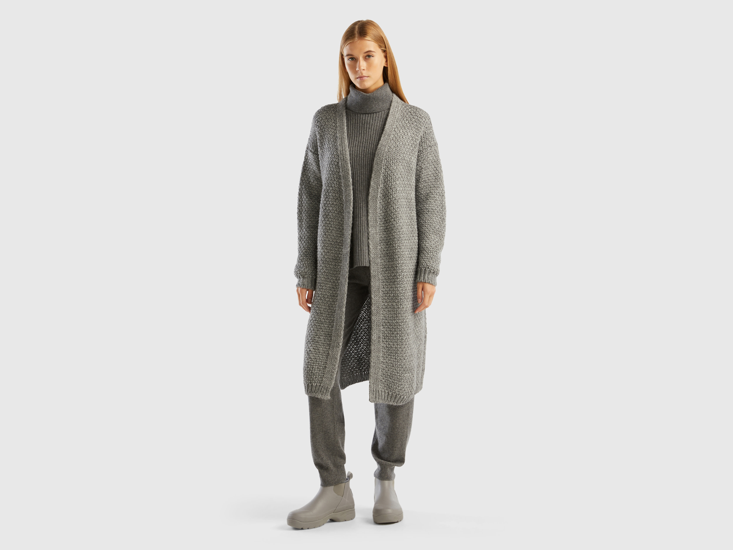Benetton, Open Cardigan In Alpaca And Wool Blend, size L-XL, Gray, Women