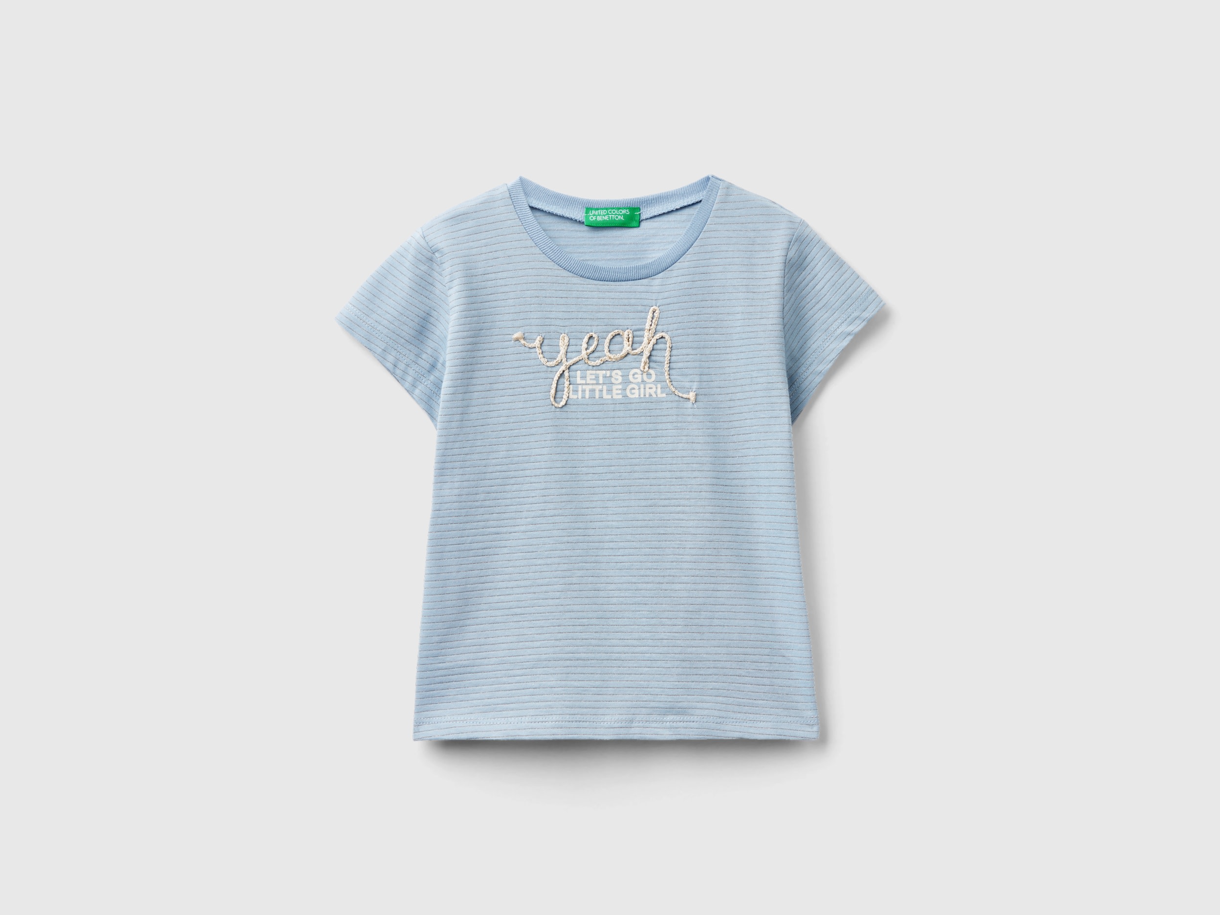 Benetton, T-shirt Con Ricamo In Corda, Blu Chiaro, Bambini