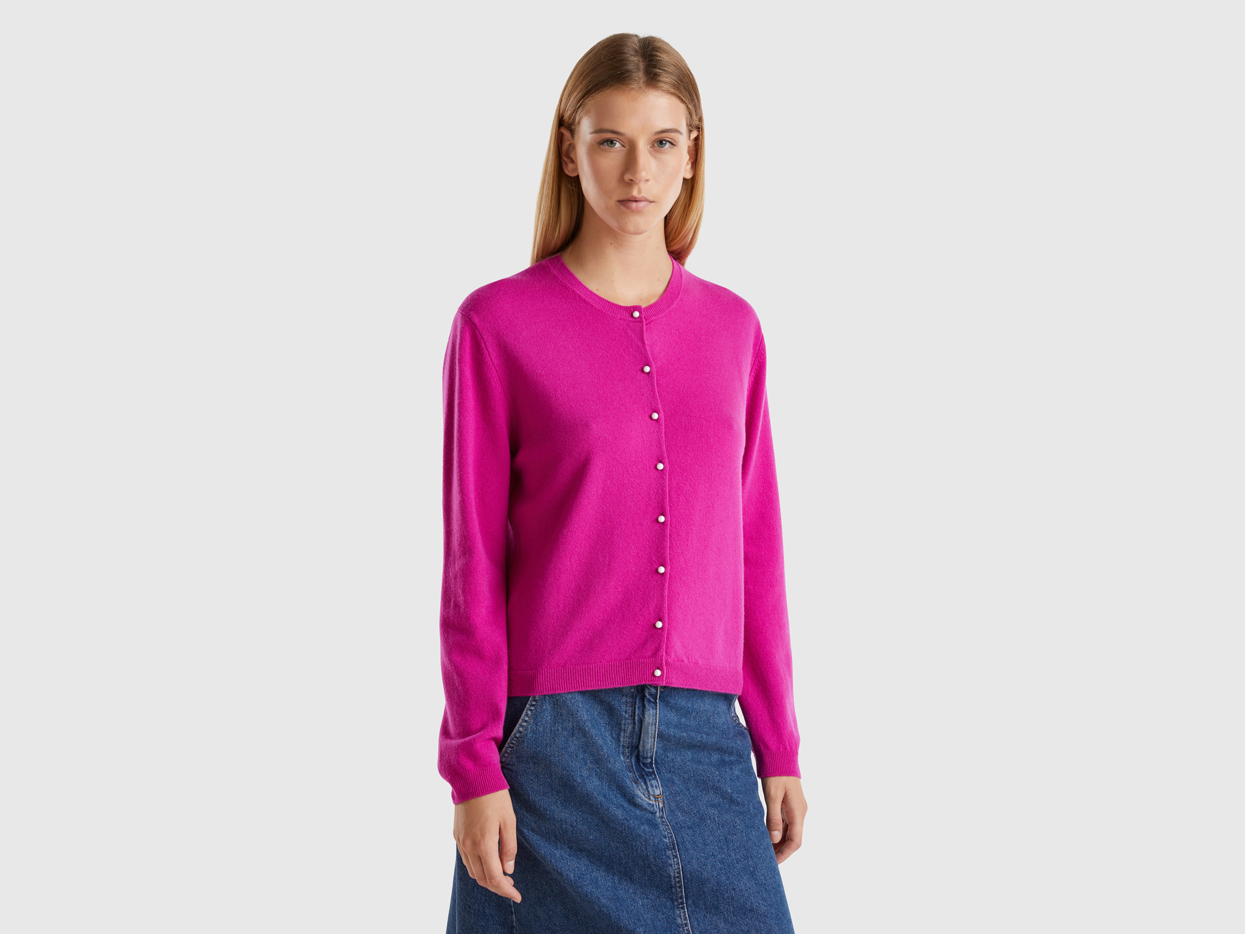 Benetton, Cardigan Ciclamino In Pura Lana Merino, Ciclamino, Donna