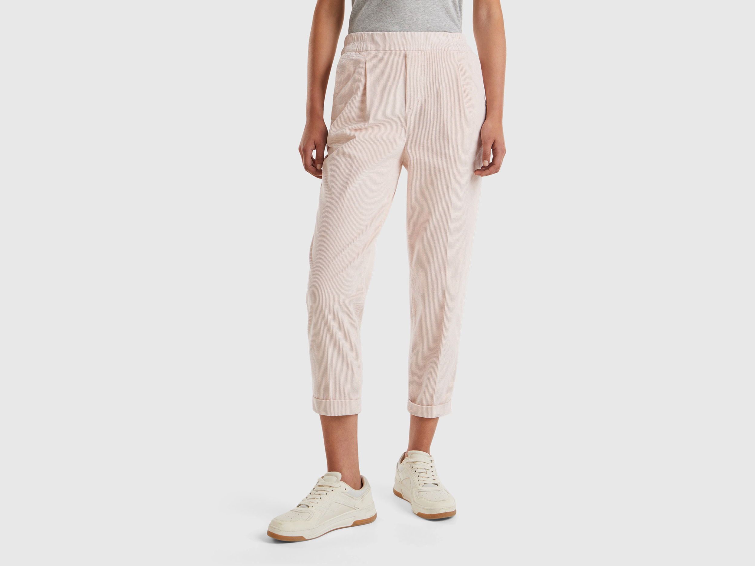Benetton, Chino In Velluto Con Vita Elasticizzata, Rosa Tenue, Donna