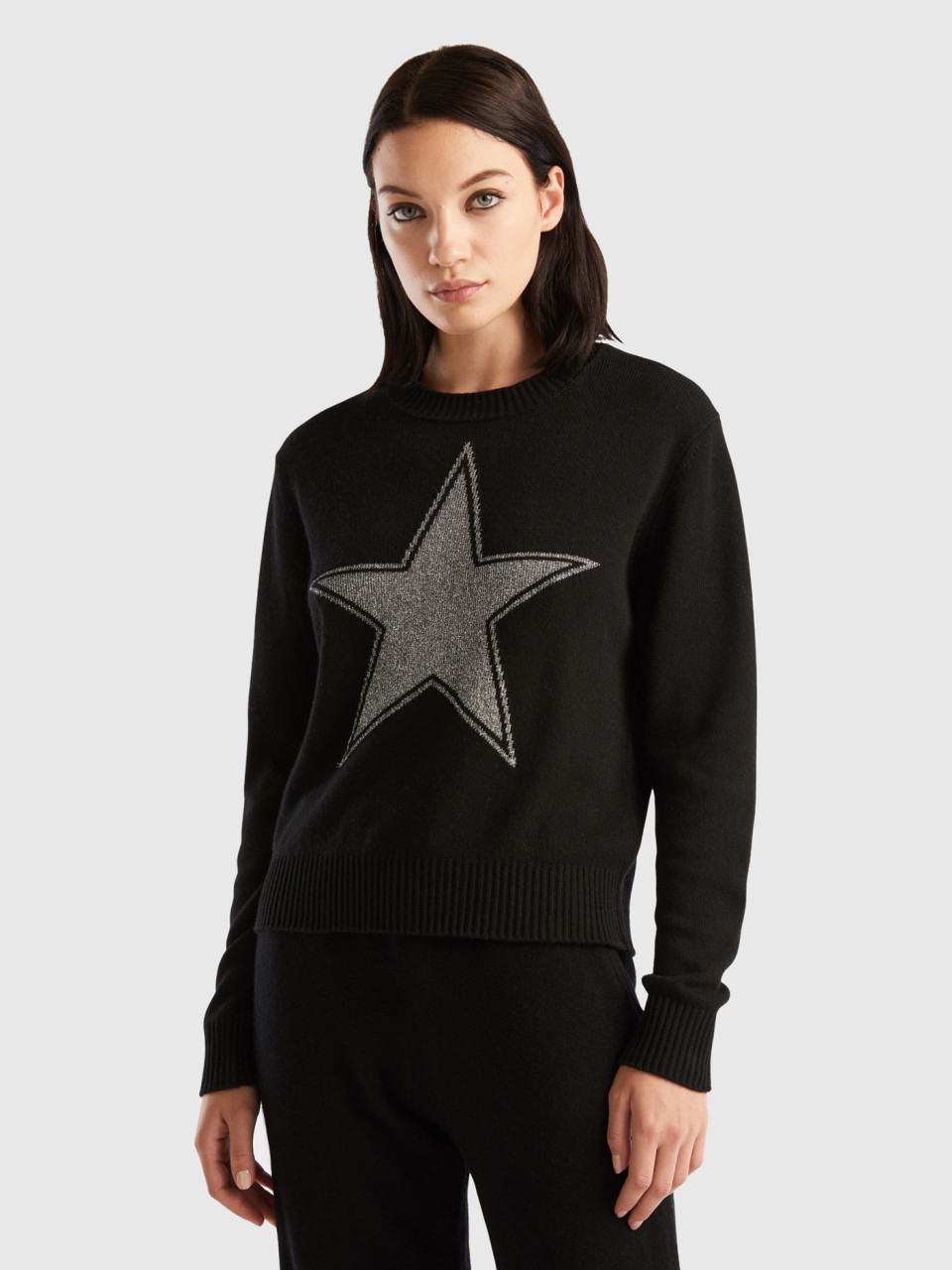 Benetton, Sweater With Lurex Star, Black, Women