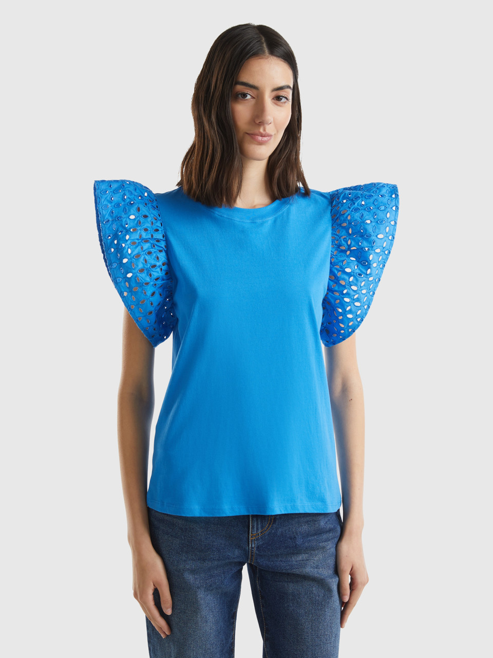 Benetton, T-shirt With Ruffled Sleeves, Blue, Women