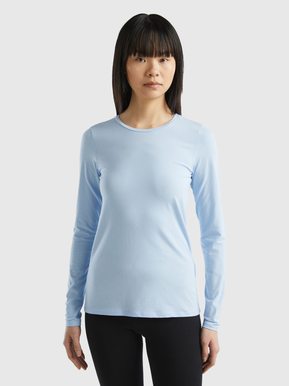 Benetton, Long Sleeve Super Stretch T-shirt, Sky Blue, Women