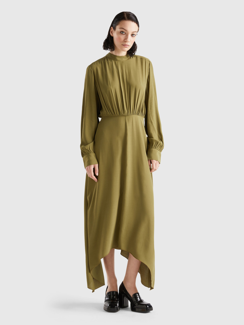 Benetton, Langes Kleid Aus Fließender Viskose, Militärgrün, female