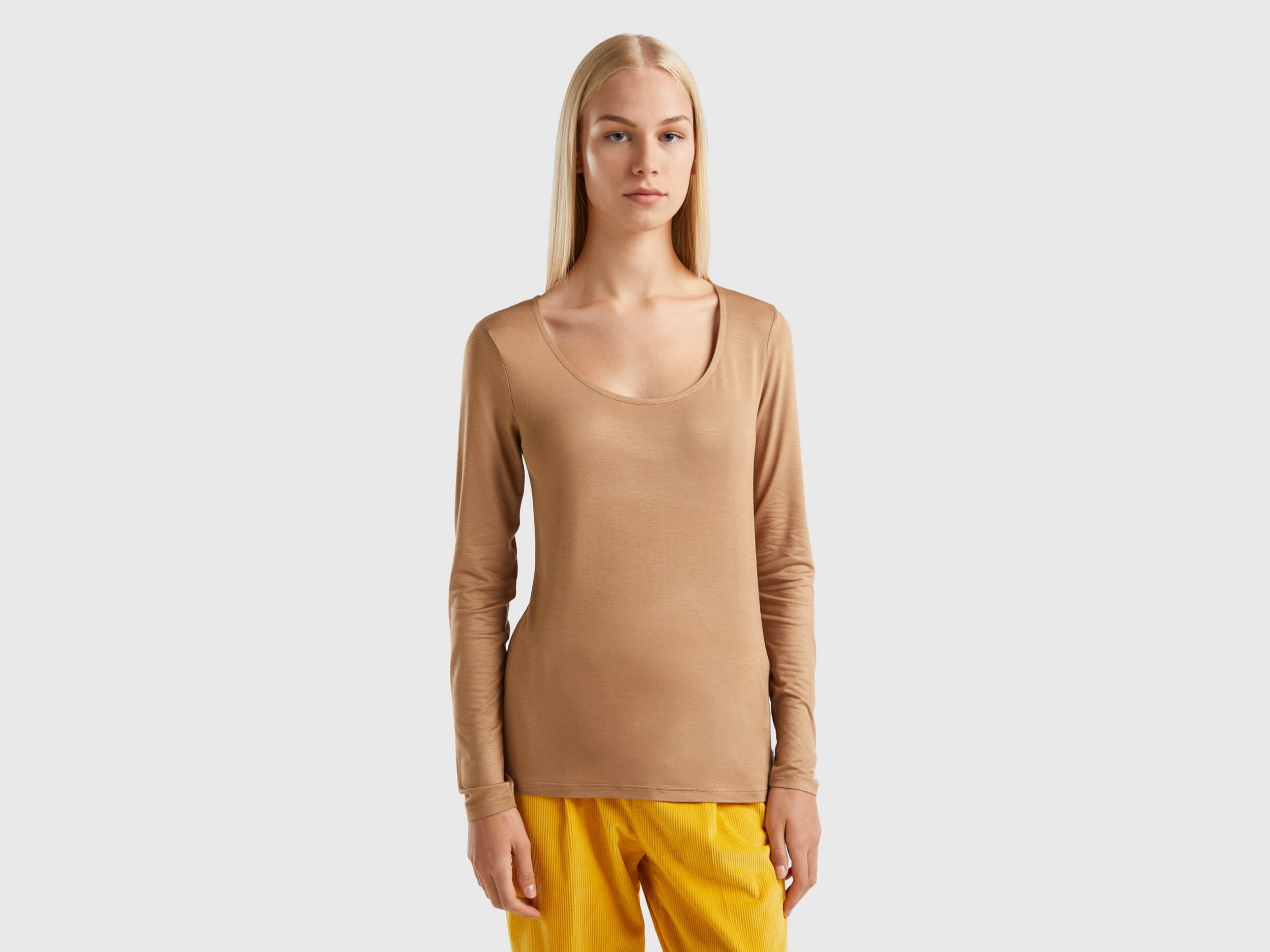 Benetton, T-shirt In Sustainable Stretch Viscose, size M, Camel, Women