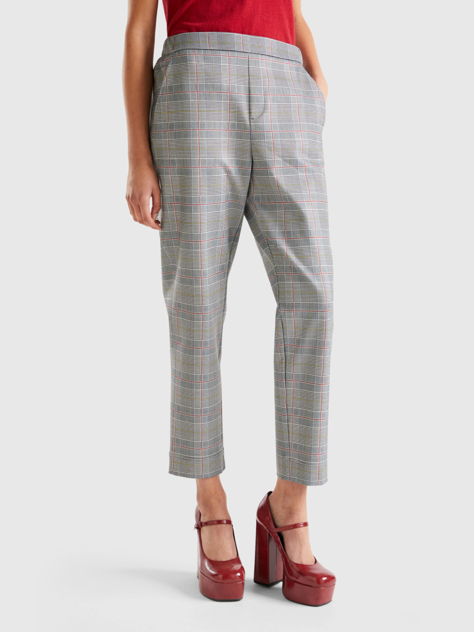 Benetton, Patterned Pants With Elastic Waist, Light Gray, Women