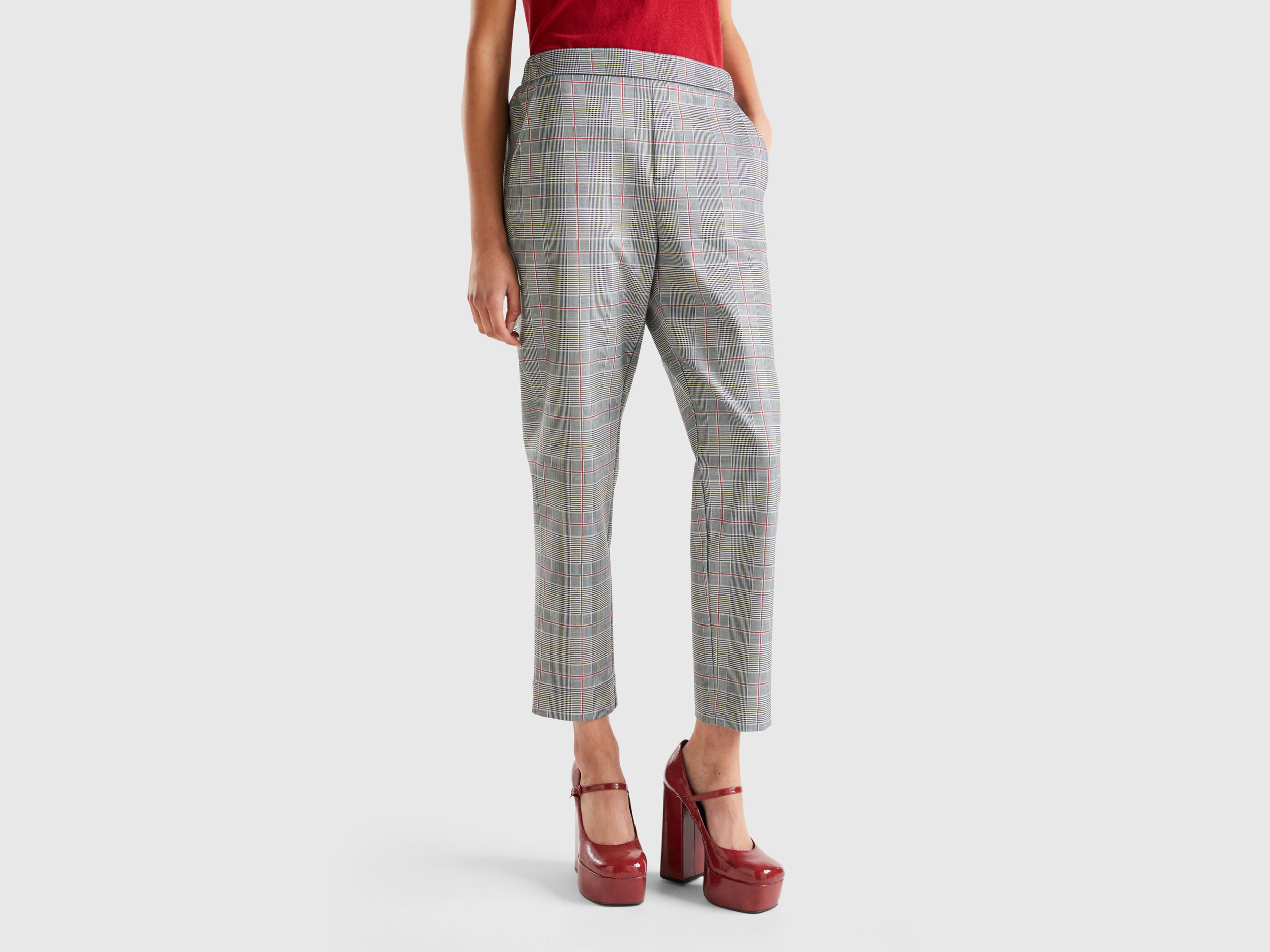 Benetton, Patterned Pants With Elastic Waist, size L, Light Gray, Women