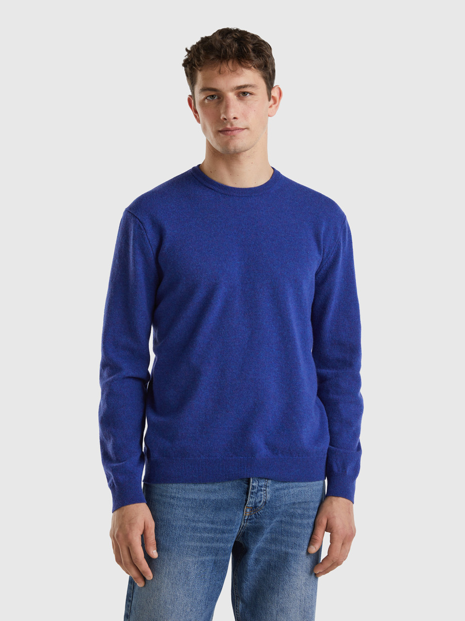 Benetton, Cornflower Blue Crew Neck Sweater In Pure Merino Wool, Blue, Men
