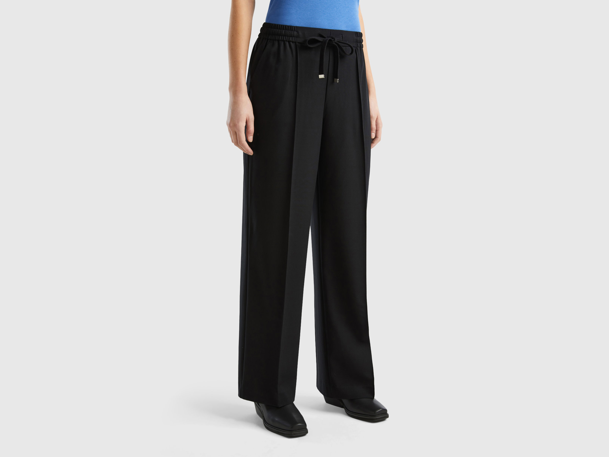 Benetton, Flowy Trousers With Drawstring, size XS, Black, Women