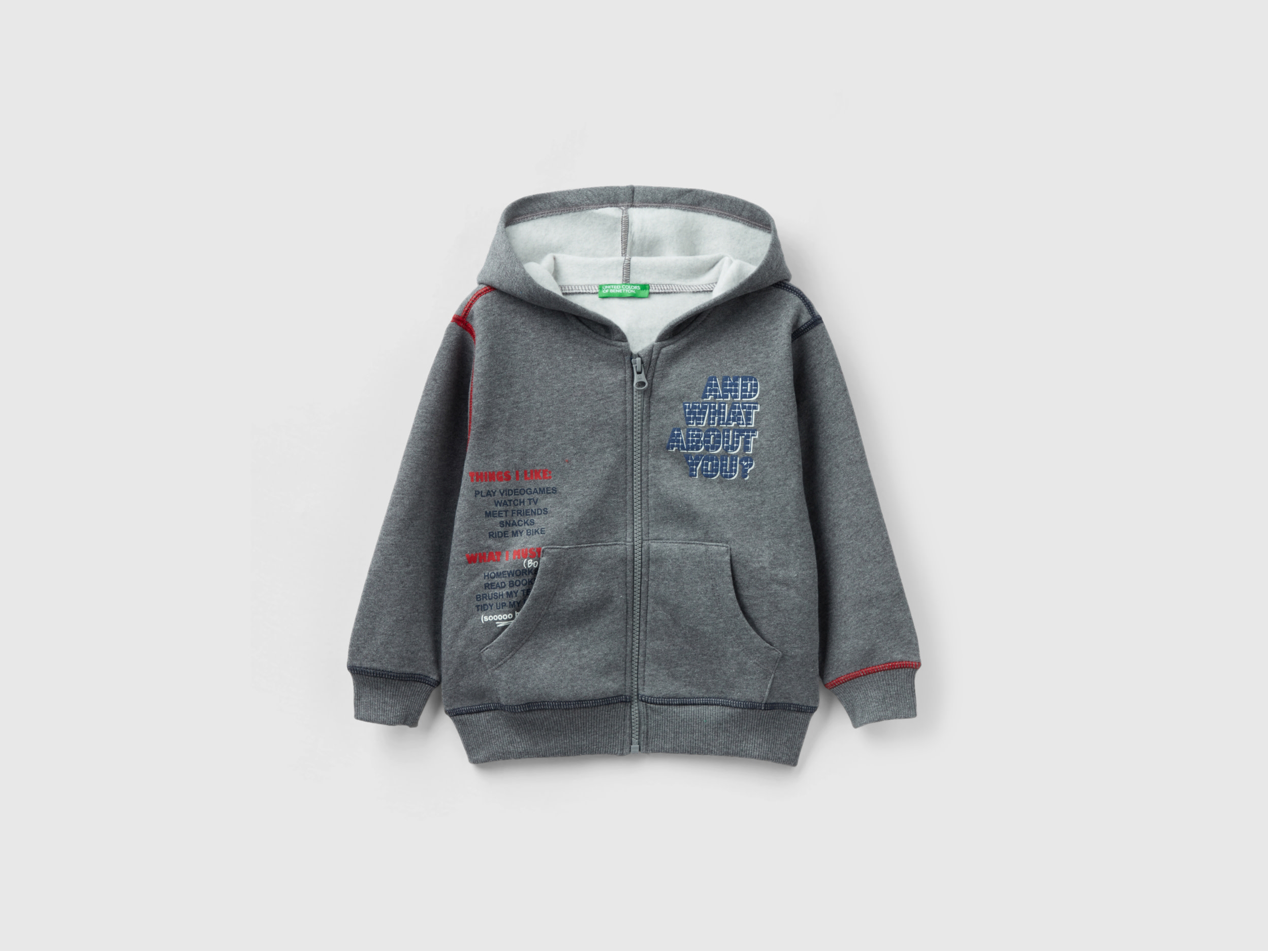 Benetton, Oversized Sweatshirt With Hood And Print, size 18-24, Dark Gray, Kids