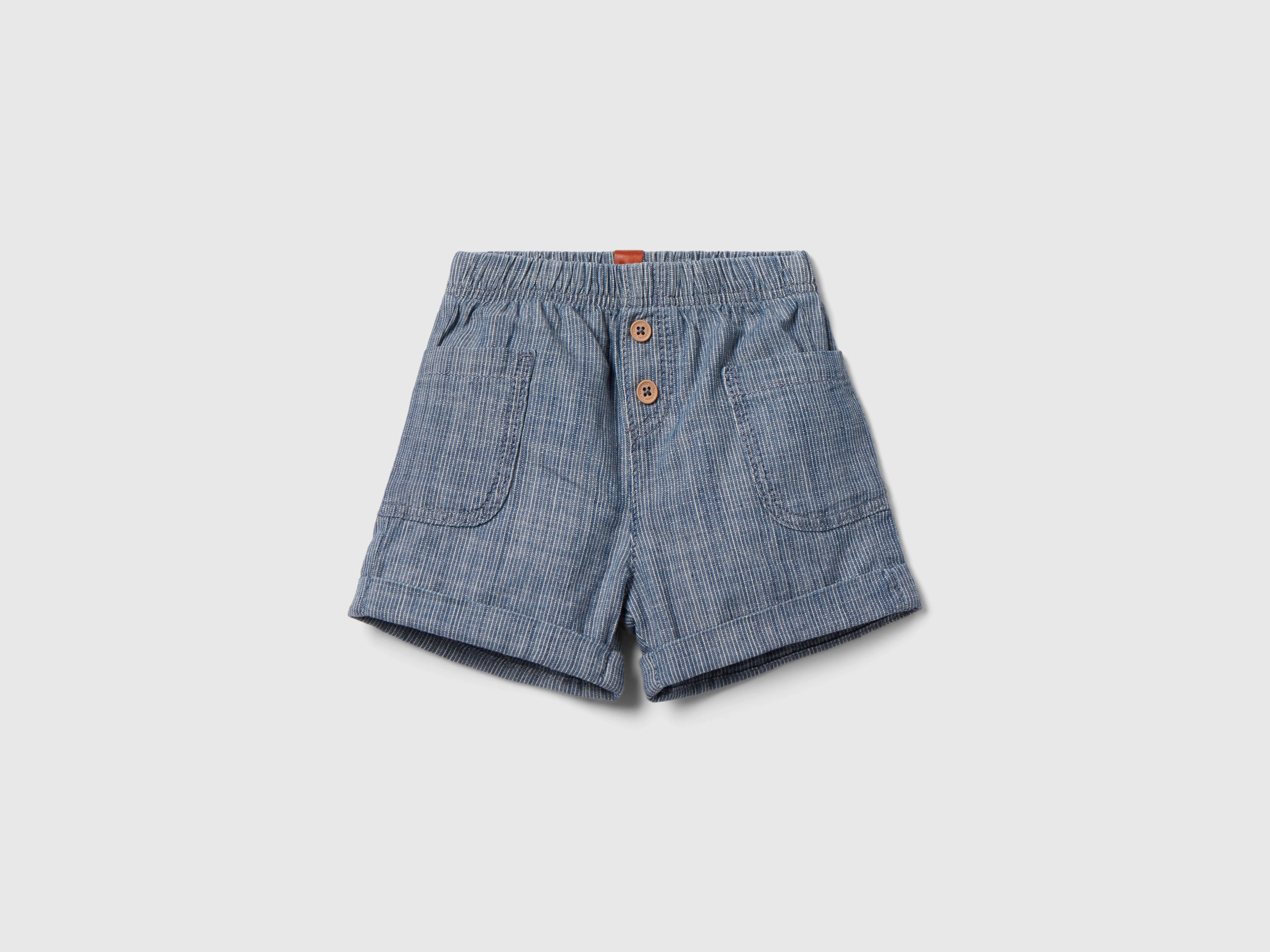 Benetton, Pantaloni Corti In Chambray, Blu, Bambini