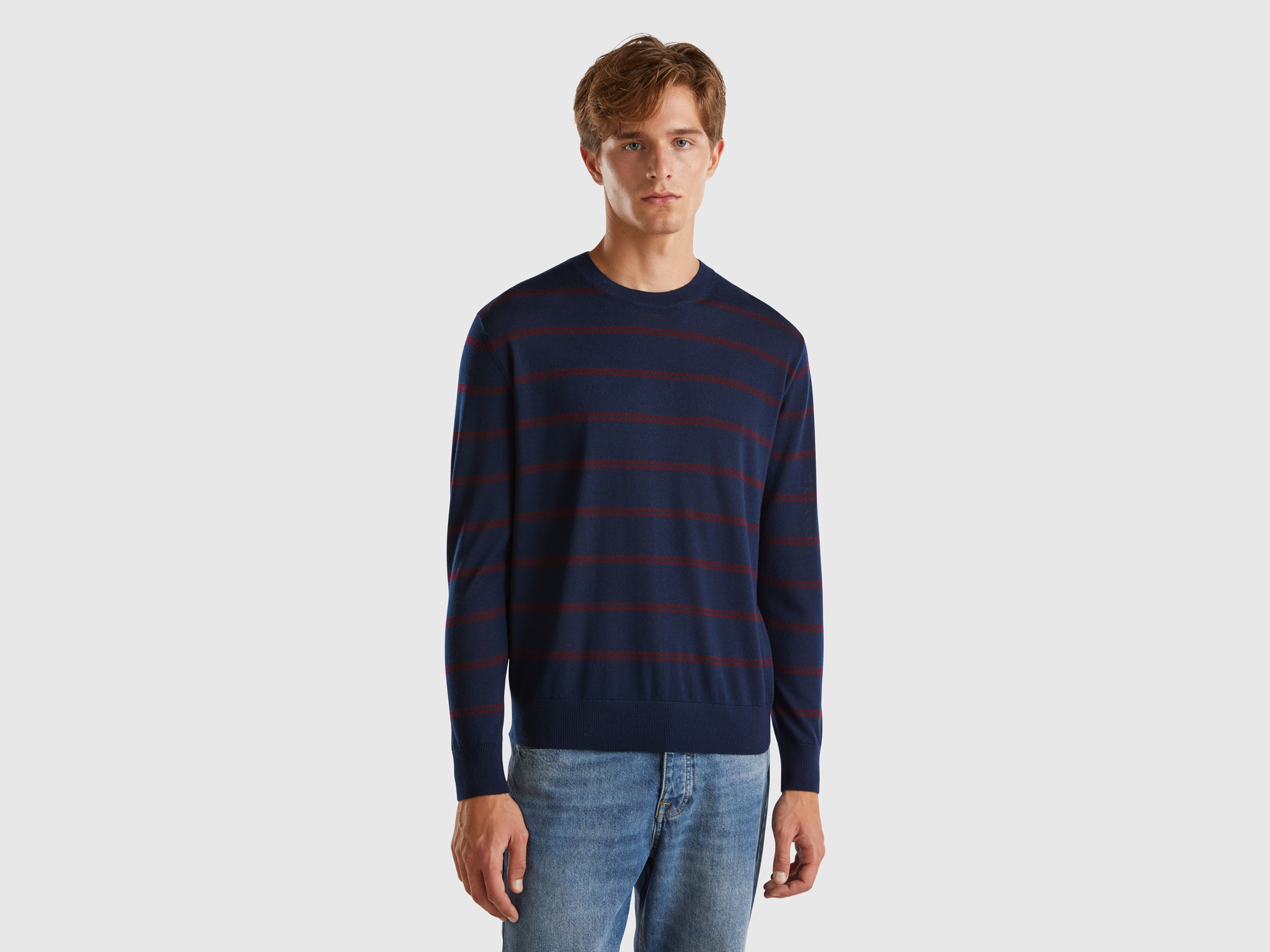 Benetton, Maglia A Righe In Pura Lana Merino, Blu Scuro, Uomo