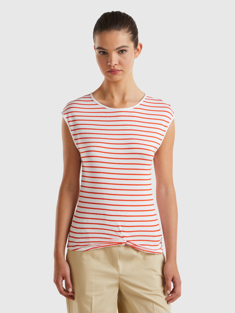 Benetton, Striped T-shirt With Knot, , Women
