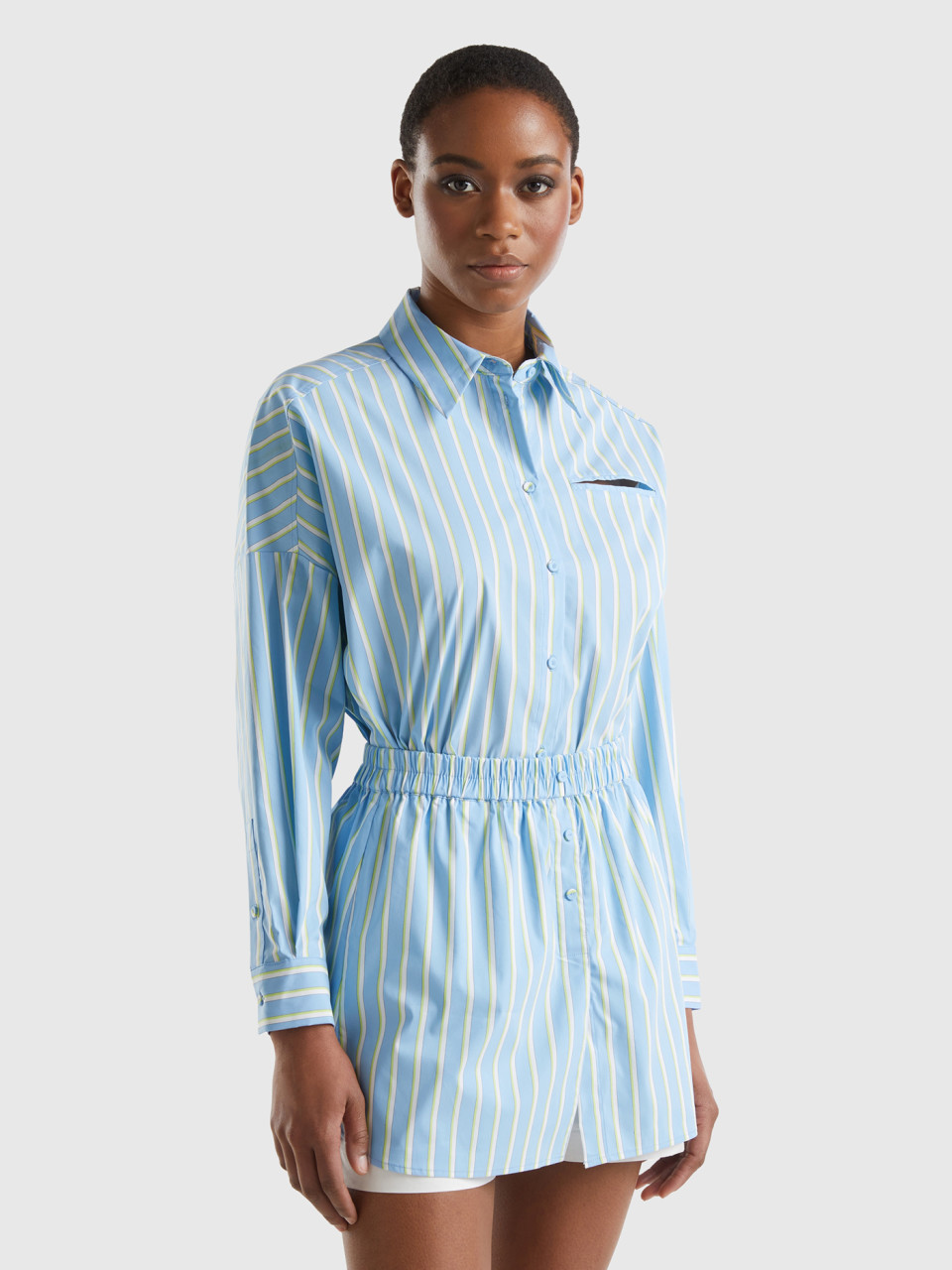 Benetton, Wide Striped Shirt, Sky Blue, Women