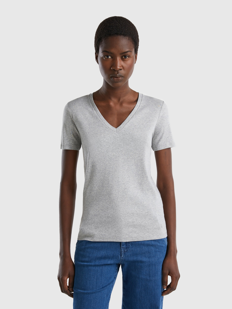 Benetton, Pure Cotton T-shirt With V-neck, Light Gray, Women