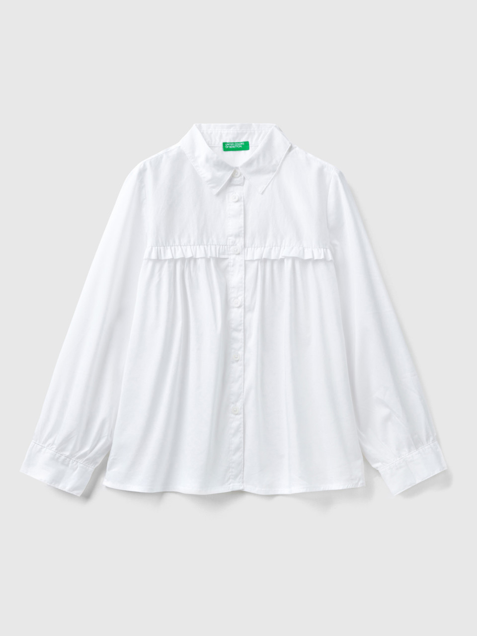 Benetton, Shirt With Rouches On The Yoke, White, Kids