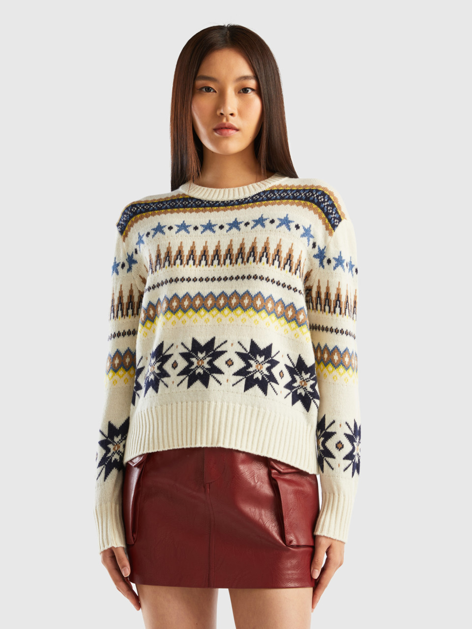 Benetton, Boxy Fit Sweater With Geo Patterns, Creamy White, Women