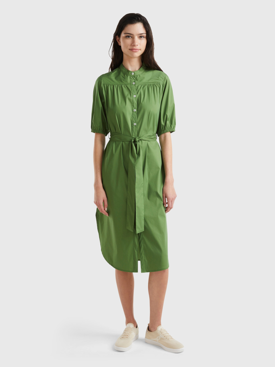 Benetton, Midi Shirt Dress With Sash, Military Green, Women