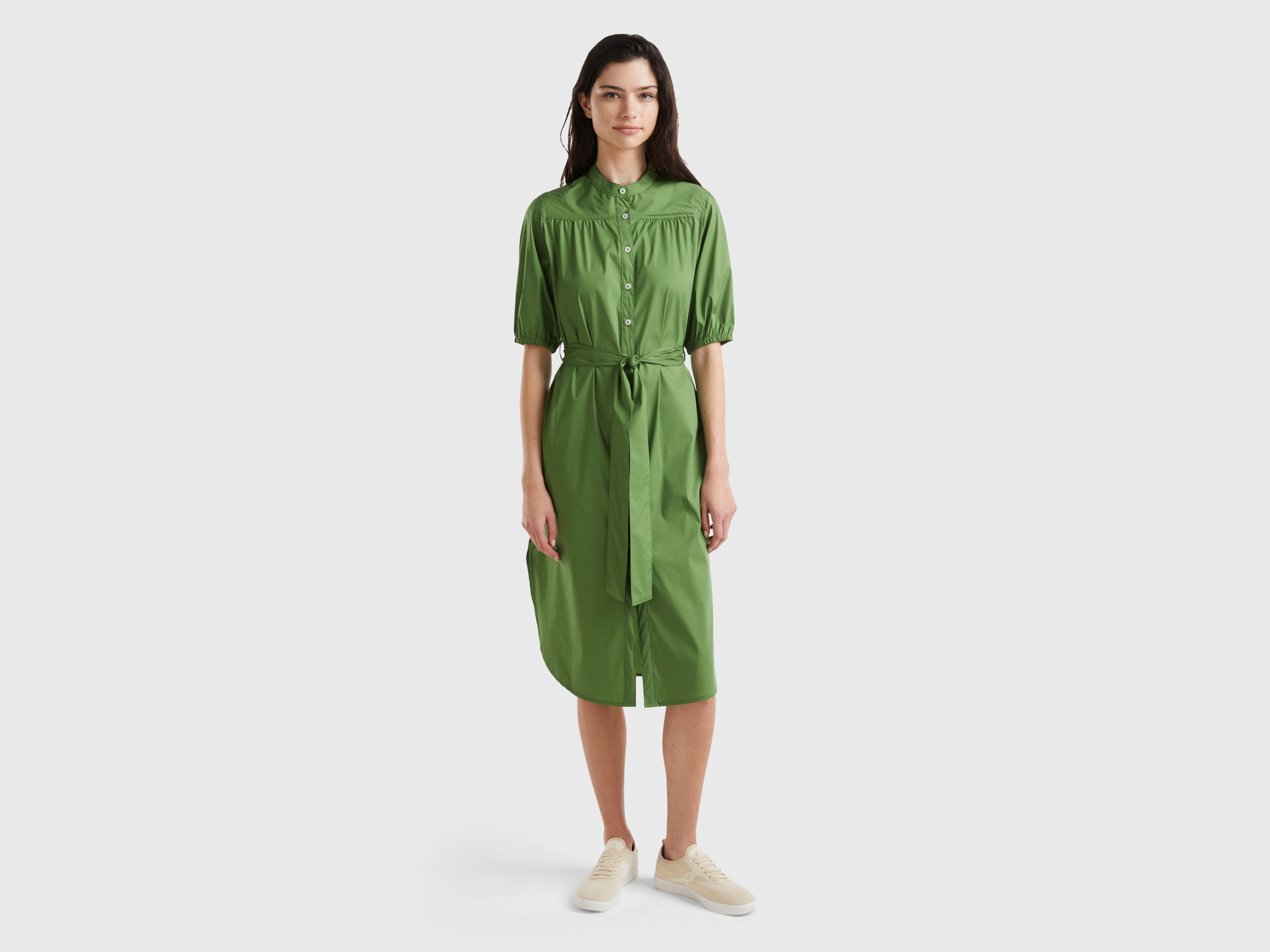 Benetton, Chemisier Midi Con Fusciacca, Verde Militare, Donna
