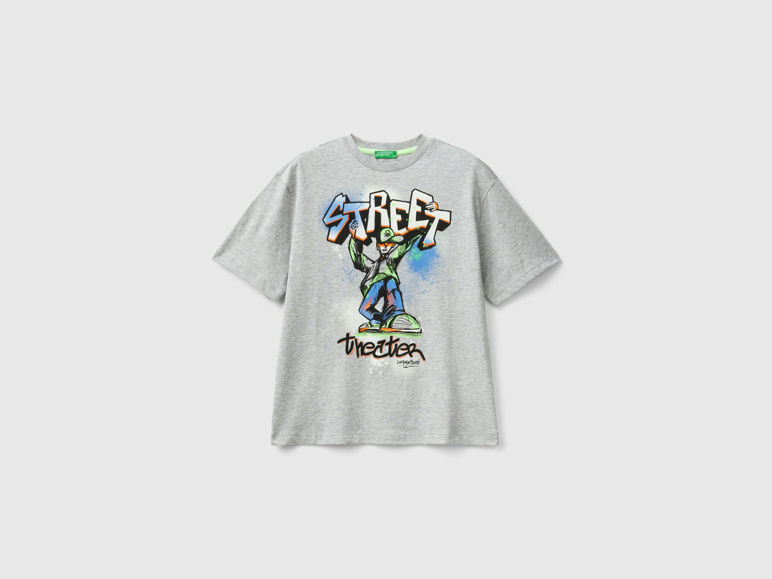 Benetton, Maglietta Con Stampa Graffiti, Grigio Chiaro, Bambini