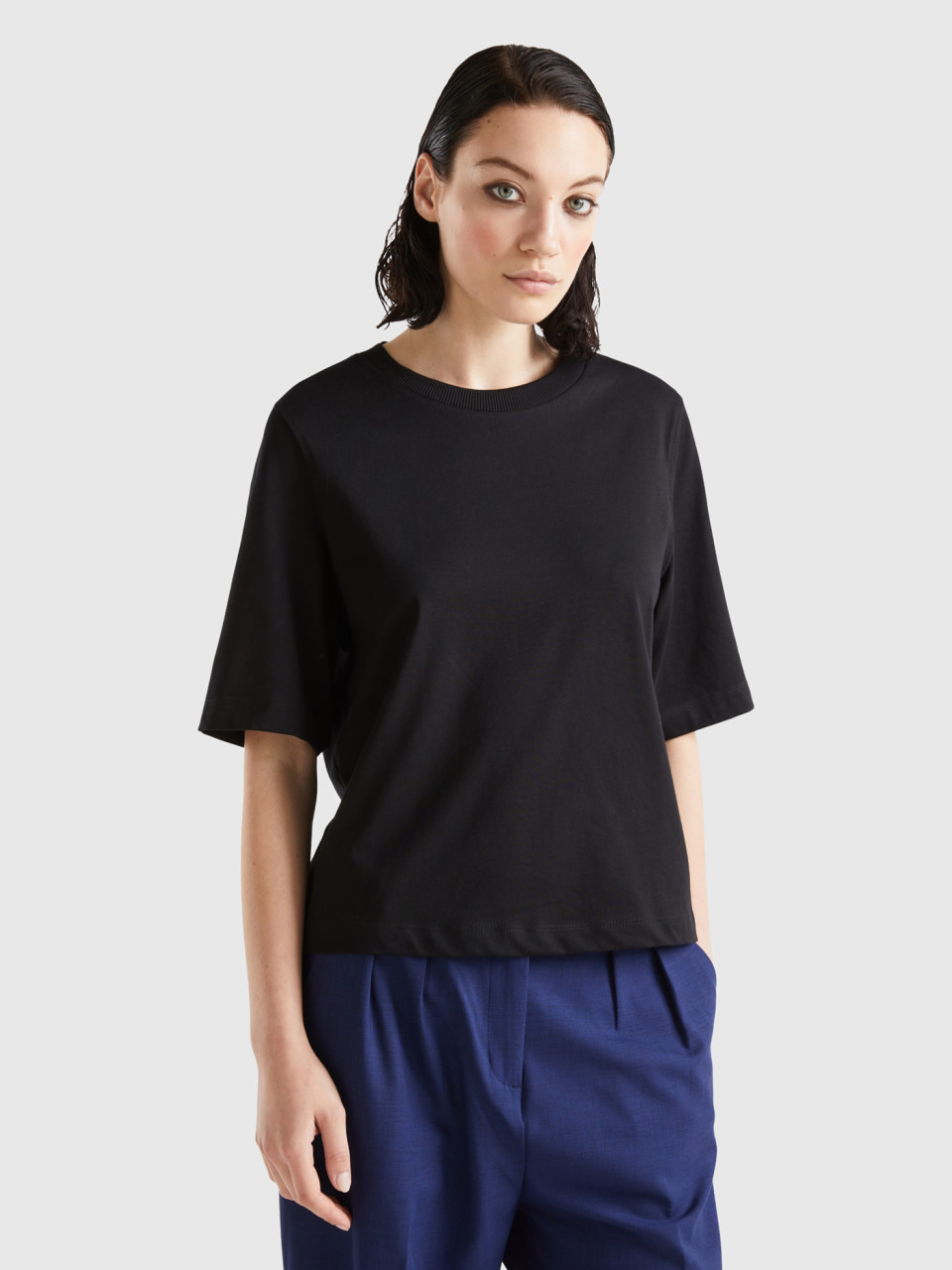 Benetton, 100% Cotton Boxy Fit T-shirt, Black, Women