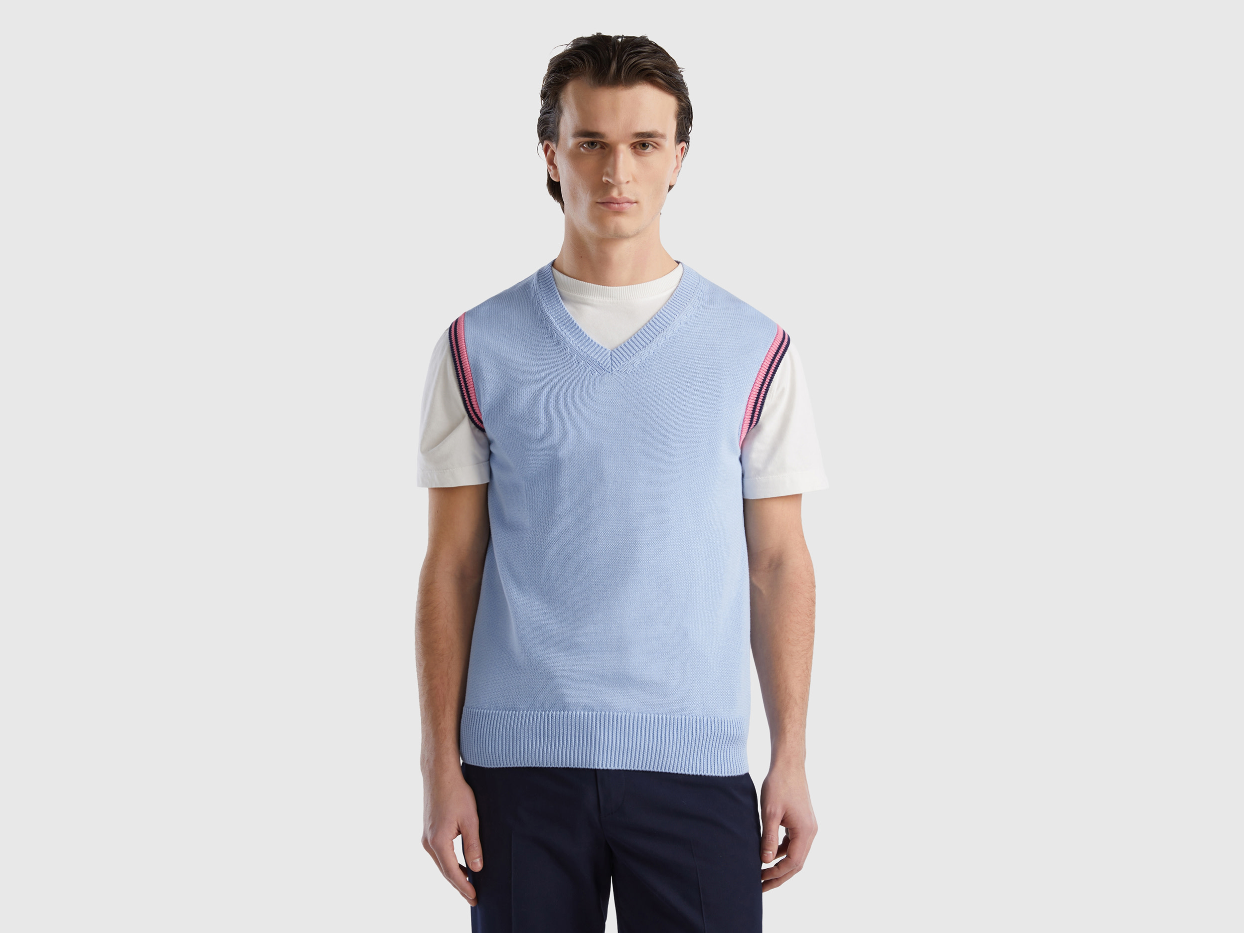 Benetton, Regular Fit Vest In 100% Cotton, size L, Sky Blue, Men