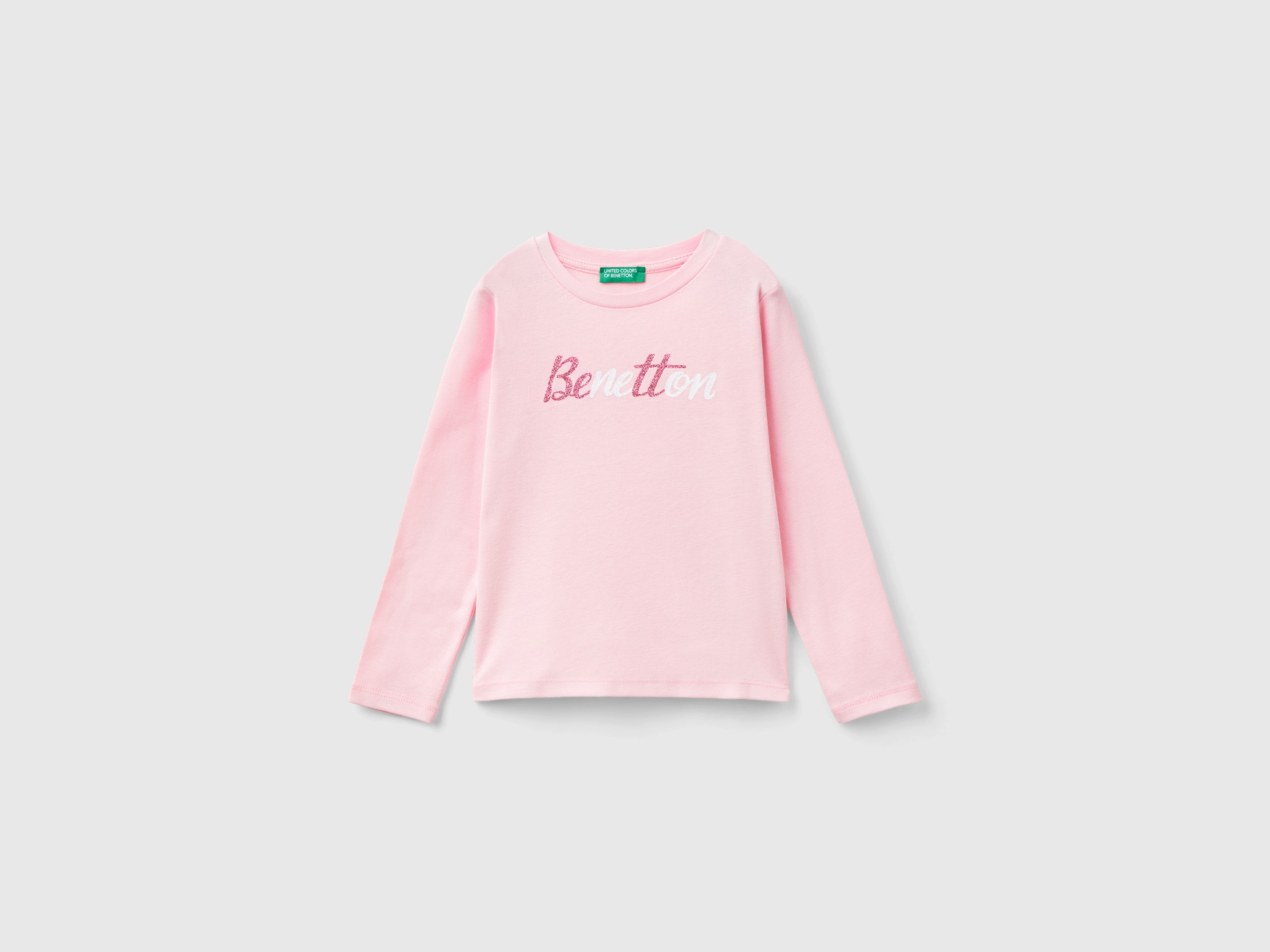 Benetton, T-shirt Con Stampa Glitter In Cotone Bio, Rosa, Bambini