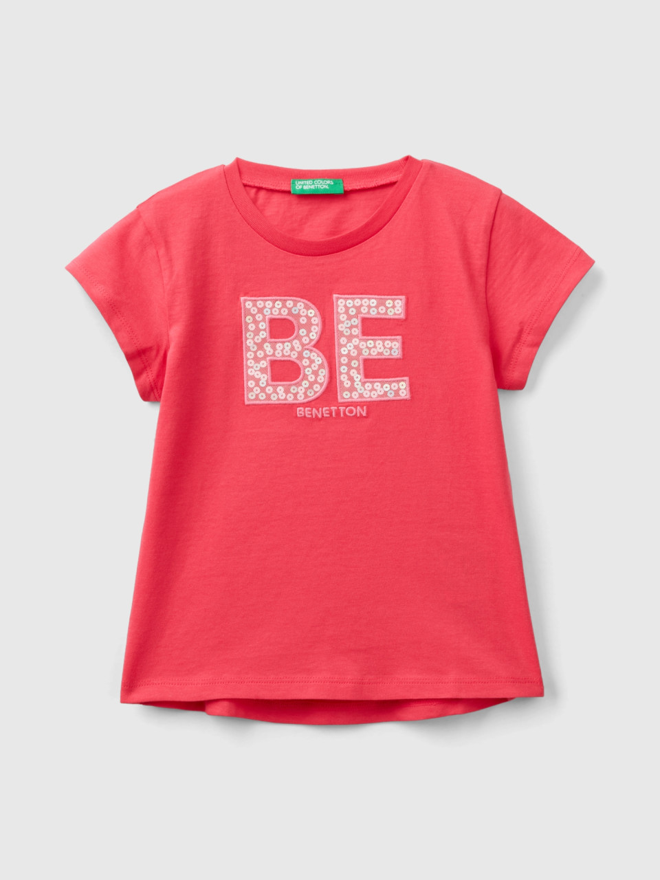 Benetton, T-shirt In Organic Cotton With Embroidered Logo, Fuchsia, Kids