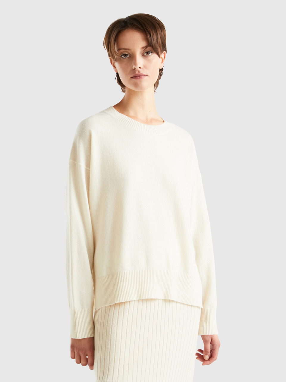 Benetton, Cream White Sweater In 100% Cashmere, Creamy White, Women