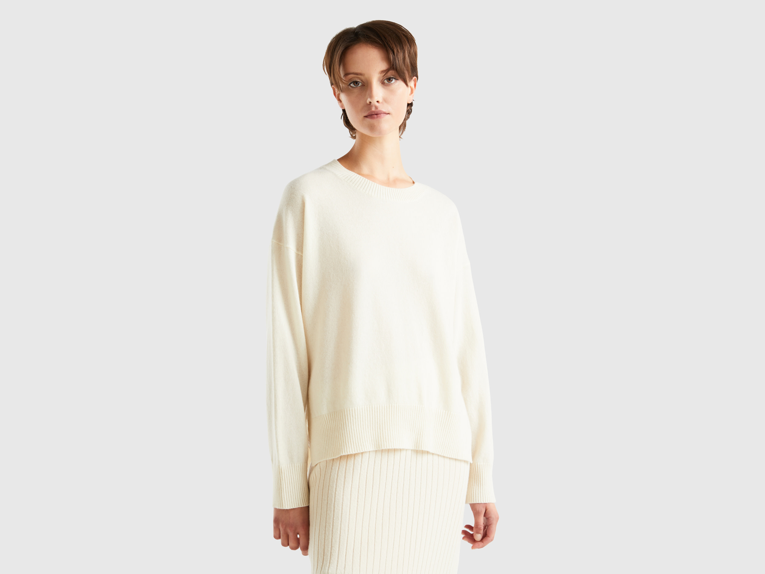Benetton, Cream White Sweater In 100% Cashmere, size L-XL, Creamy White, Women