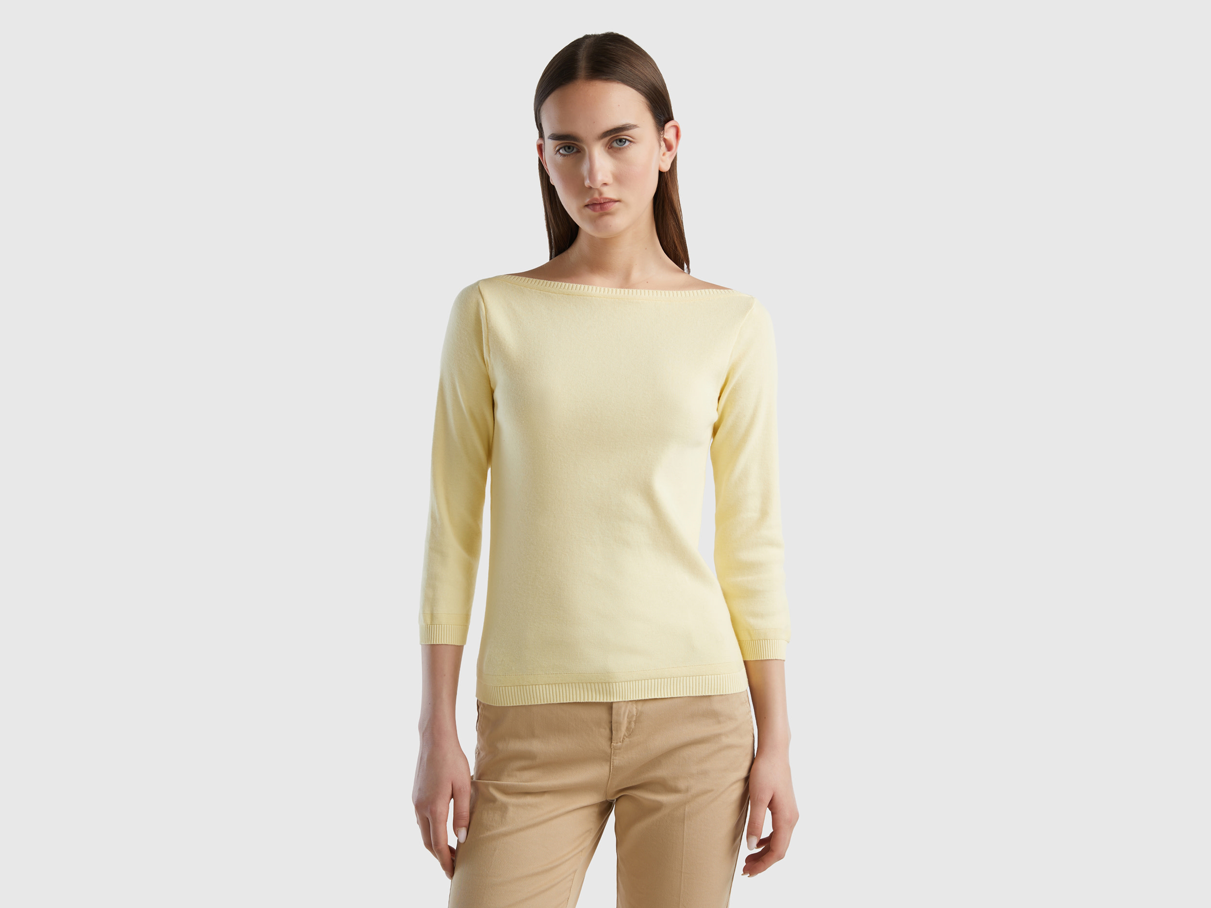 Benetton, 100% Cotton Boat Neck Sweater, size XS, Yellow, Women