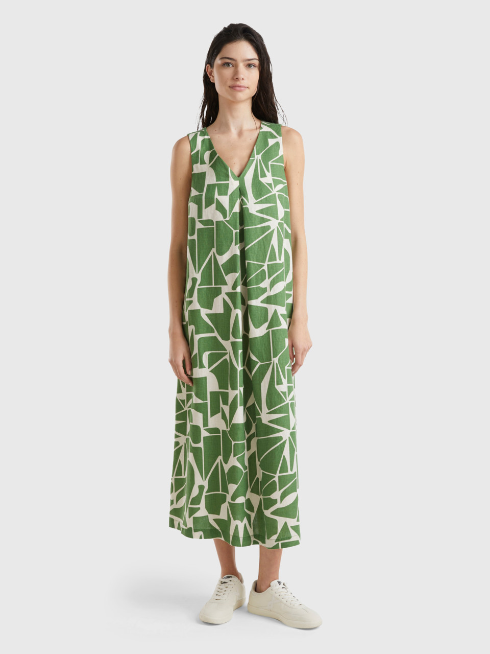 Benetton, Printed Linen Dress, Military Green, Women