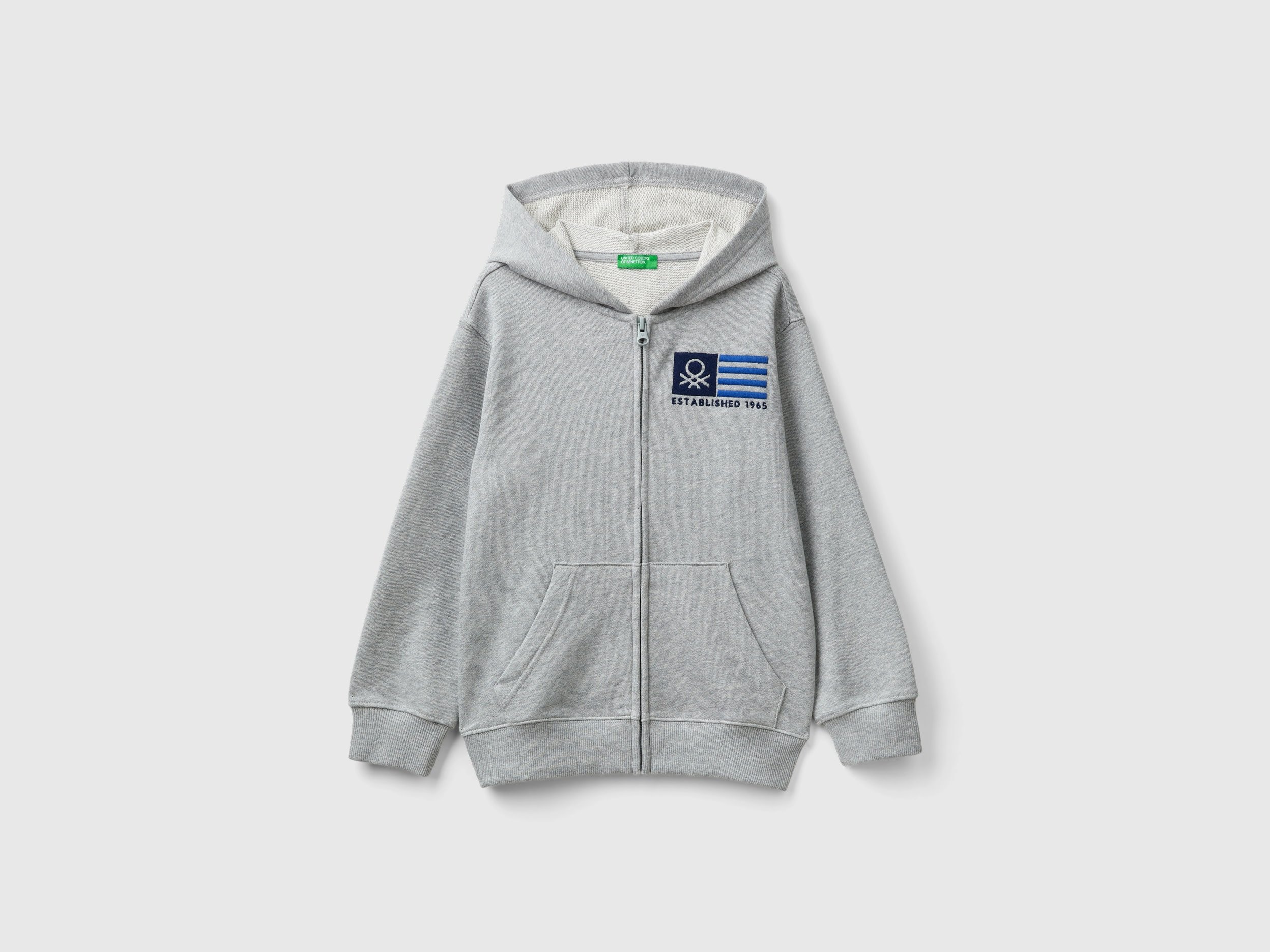 Benetton, Felpa Con Zip E Ricamo Logo, Grigio Chiaro, Bambini