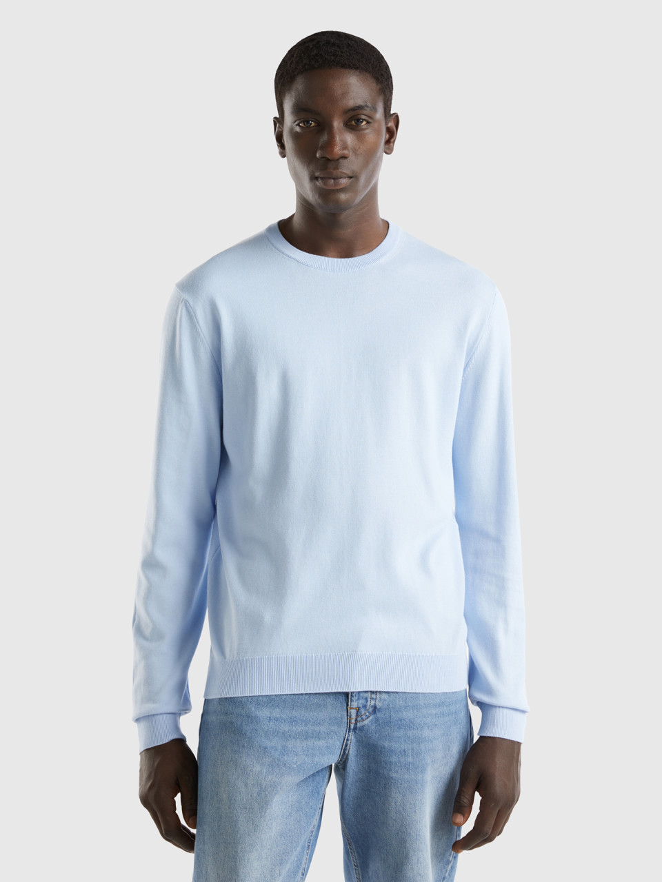 Benetton, Crew Neck Sweater In 100% Cotton, Sky Blue, Men