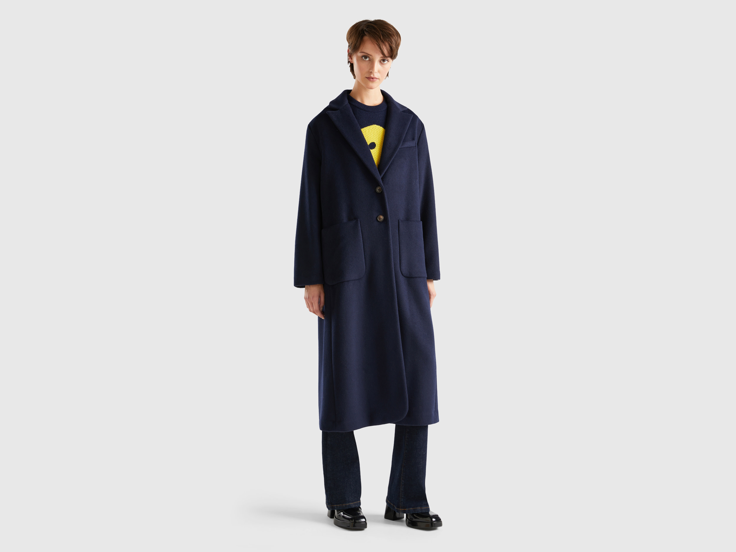 Benetton, Midi Coat In Shetland Wool Blend, size 8, Dark Blue, Women